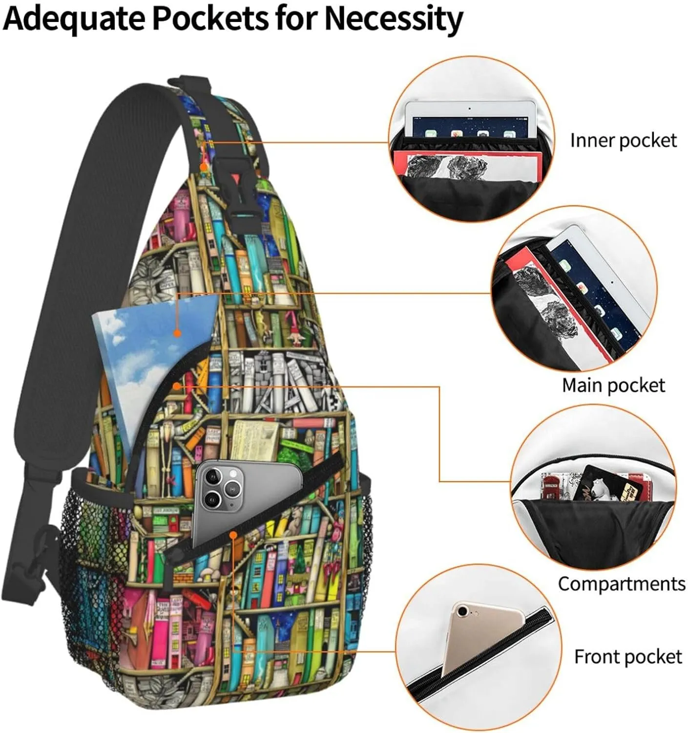 Fantasy Book Shelf Chest Sling Bag Crossbody Shoulder Backpack Bag Gym Cycling Travel Hiking Daypack Cross Bag