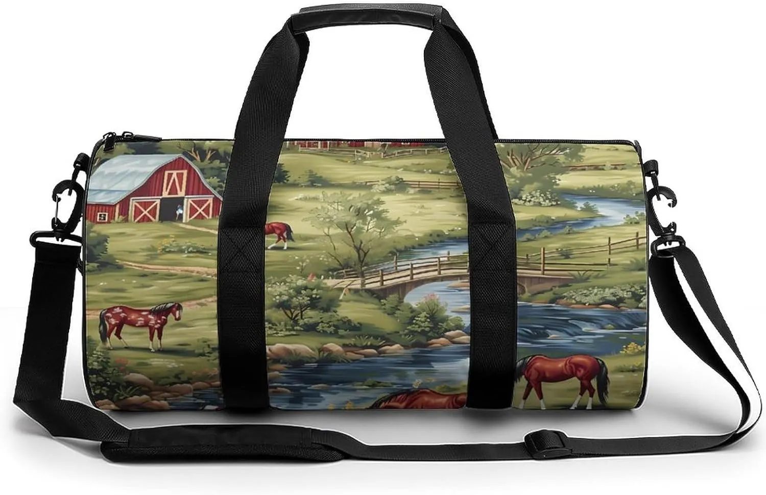 Farmhouse Bridge Horse Scene Large Gym Bag Novelty Lightweight Duffel Bag Travel Tote Bags