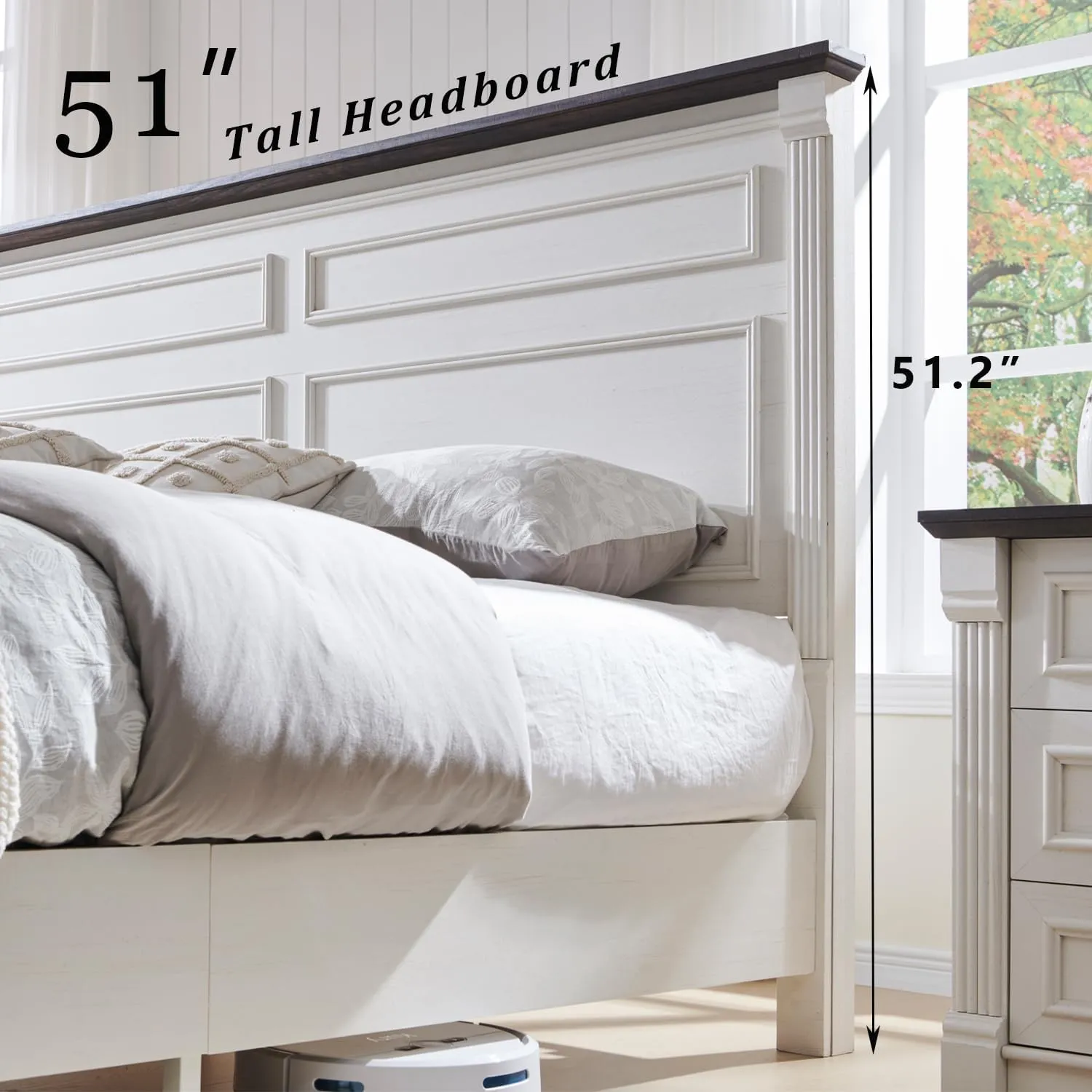 Farmhouse King Size Bed Frame with 51" Tall Headboard, Wood Platform Bed Frame with 20" Tall Roman Column Decoration Footboard & 3 Large Storage Drawers, No Box Spring Needed (White)