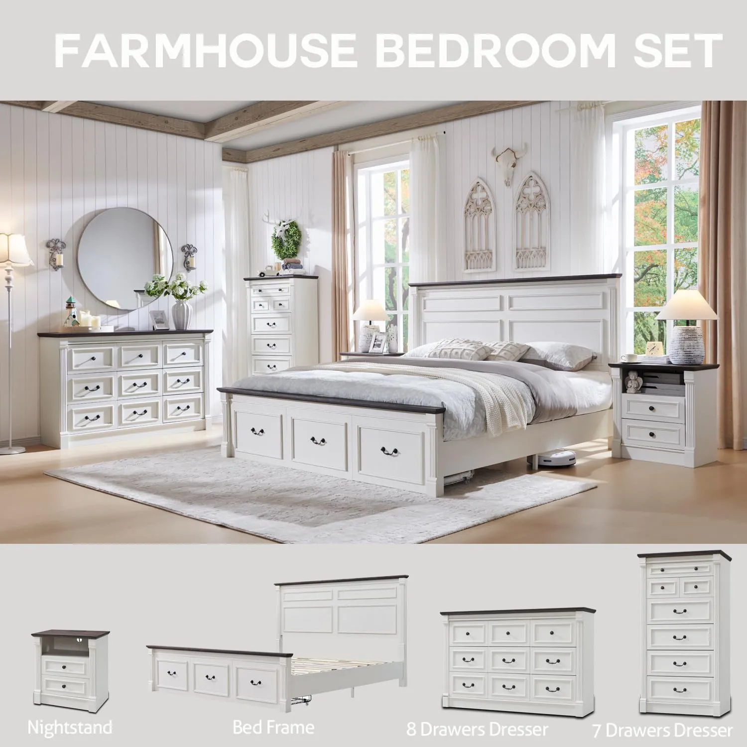 Farmhouse King Size Bed Frame with 51" Tall Headboard, Wood Platform Bed Frame with 20" Tall Roman Column Decoration Footboard & 3 Large Storage Drawers, No Box Spring Needed (White)