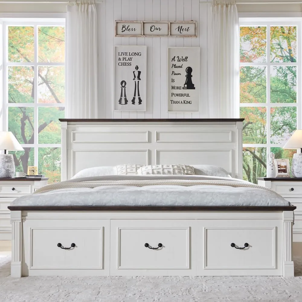 Farmhouse King Size Bed Frame with 51" Tall Headboard, Wood Platform Bed Frame with 20" Tall Roman Column Decoration Footboard & 3 Large Storage Drawers, No Box Spring Needed (White)