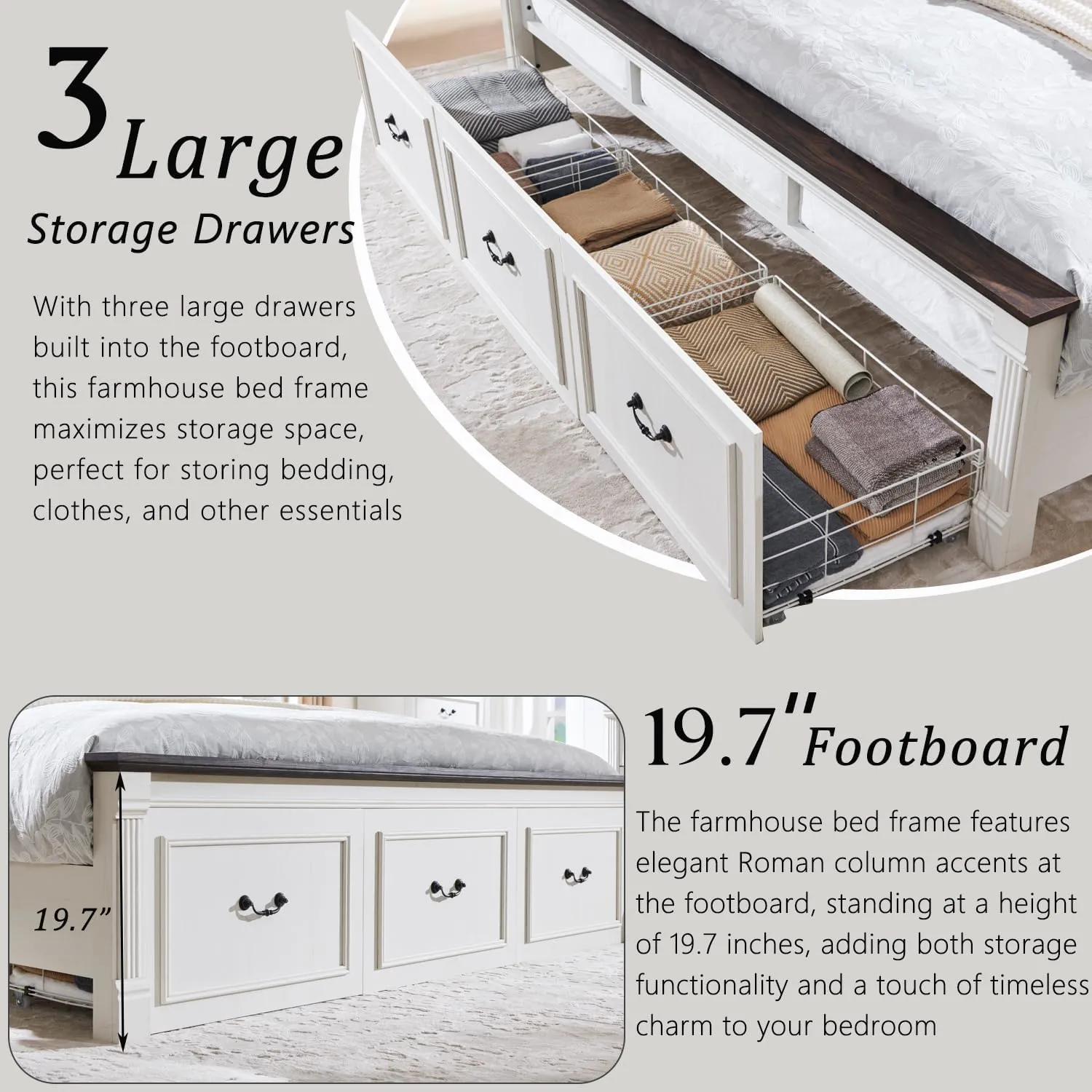 Farmhouse King Size Bed Frame with 51" Tall Headboard, Wood Platform Bed Frame with 20" Tall Roman Column Decoration Footboard & 3 Large Storage Drawers, No Box Spring Needed (White)