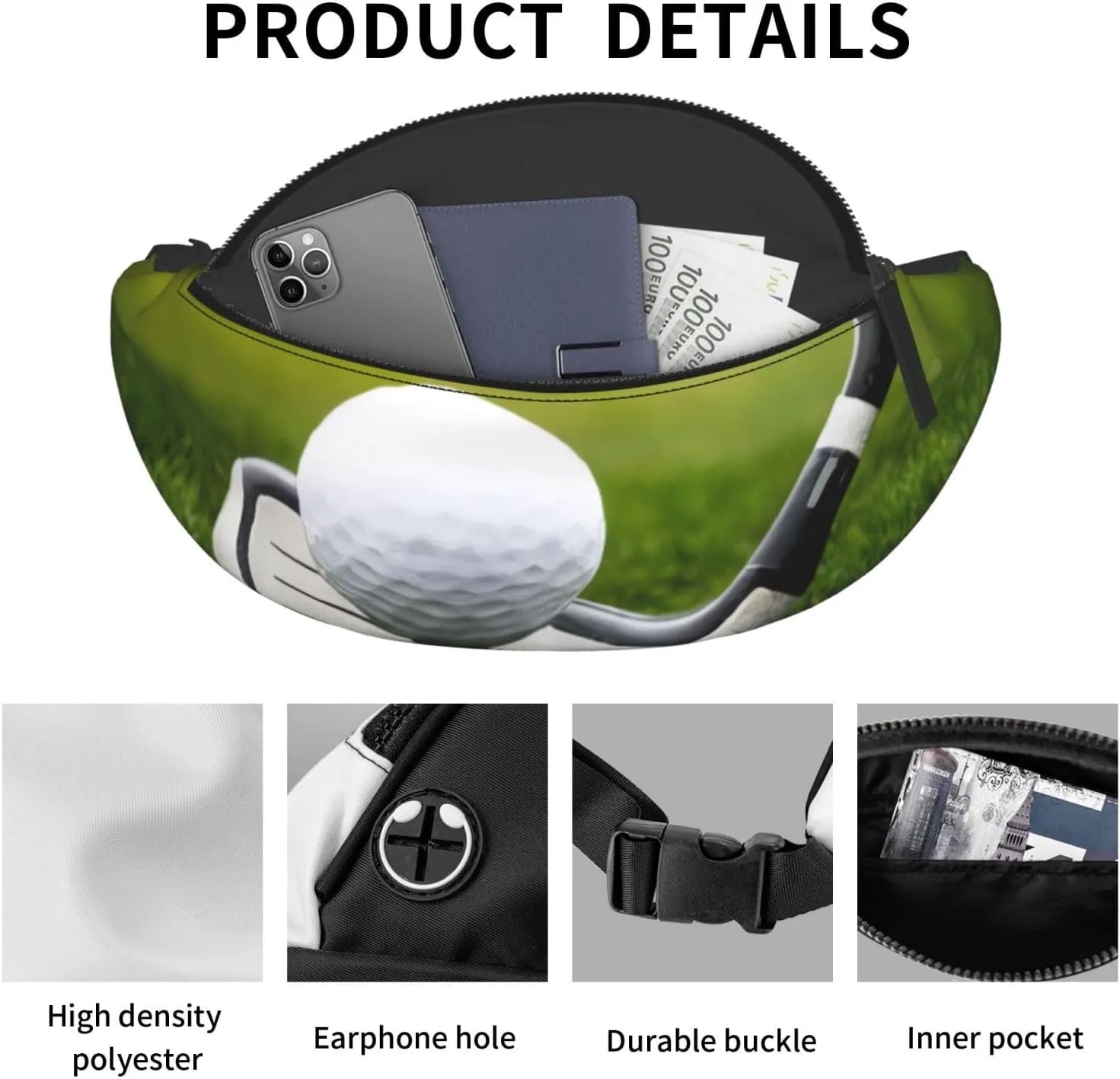 Fashion Golf Ball Bum Bag | Fanny Pack & Chest Pack | Adjustable Waist Bag For Women & Men | Secure Zip | Lightweight & Compact | Perfect For Travel,Sports,Hiking,Outdoor