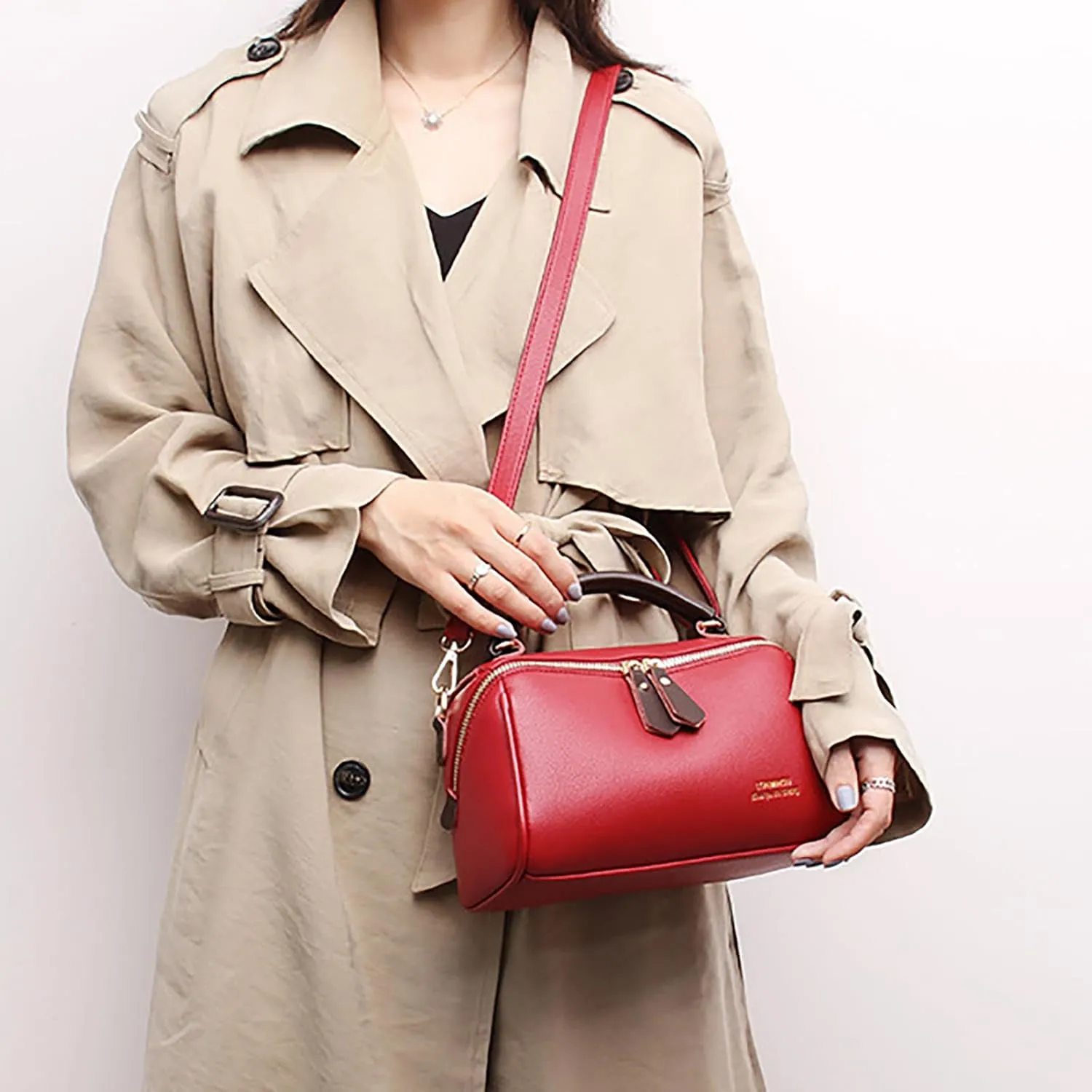 Fashion Leather Top-Handle Crossbody Pillow Bag For Women Shoulder Satchel Purses With Double Zipper Design