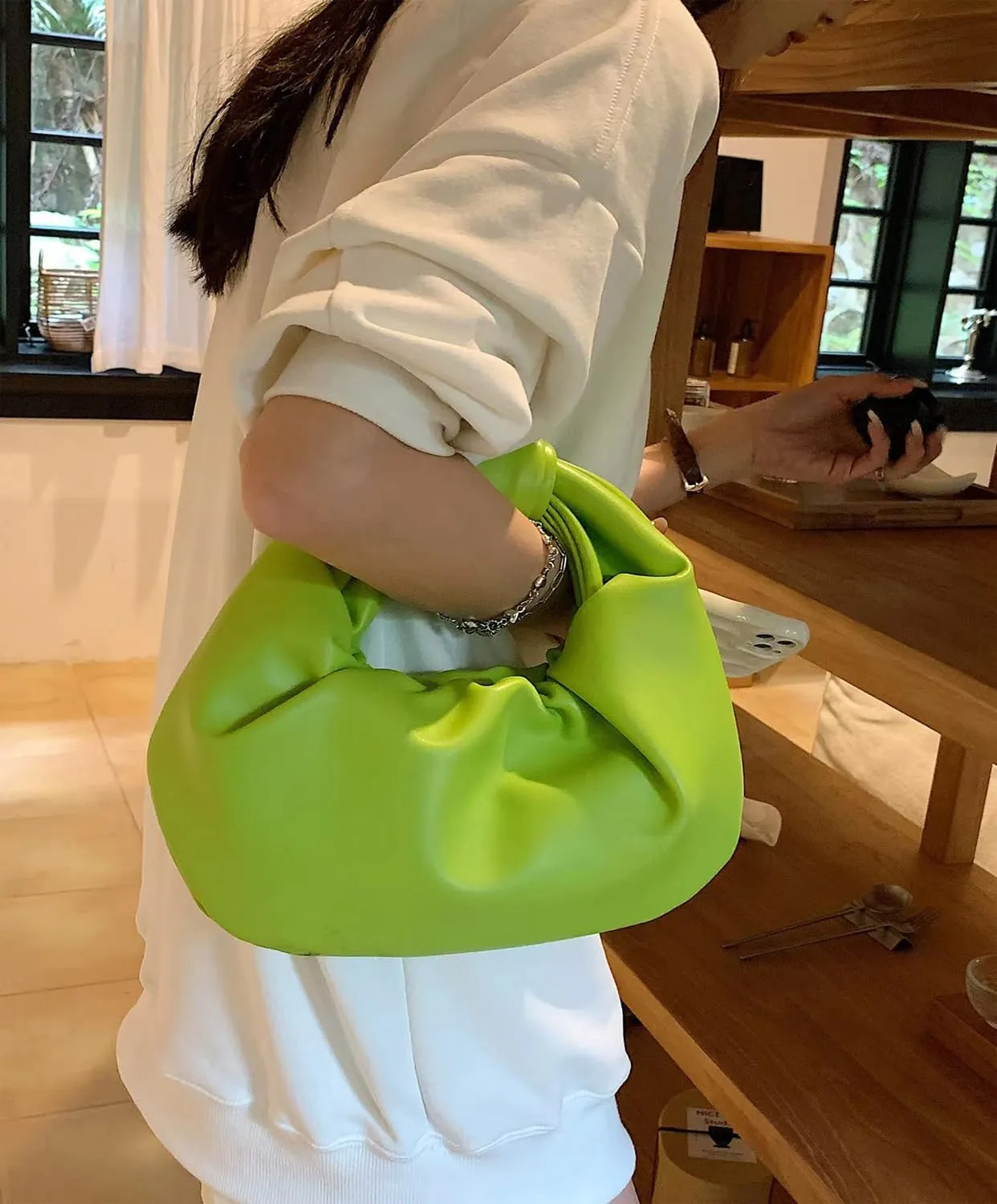 Fashion Ruched Hobo Handbag Soft PU Leather Cloud Knotted Clutch Tote Purse Ruched Pouch Bag Shoulder Bag for Women