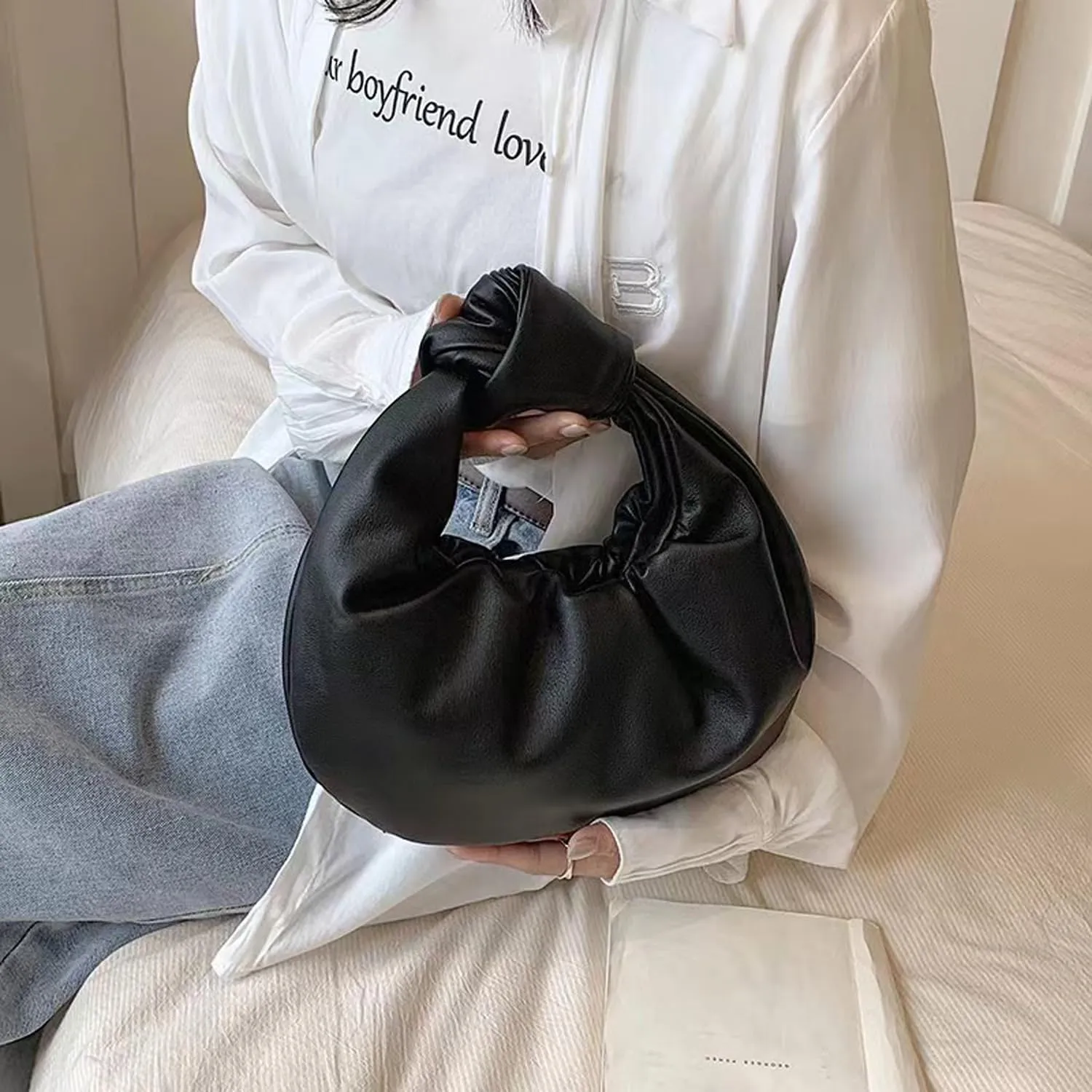 Fashion Ruched Hobo Handbag Soft PU Leather Cloud Knotted Clutch Tote Purse Ruched Pouch Bag Shoulder Bag for Women
