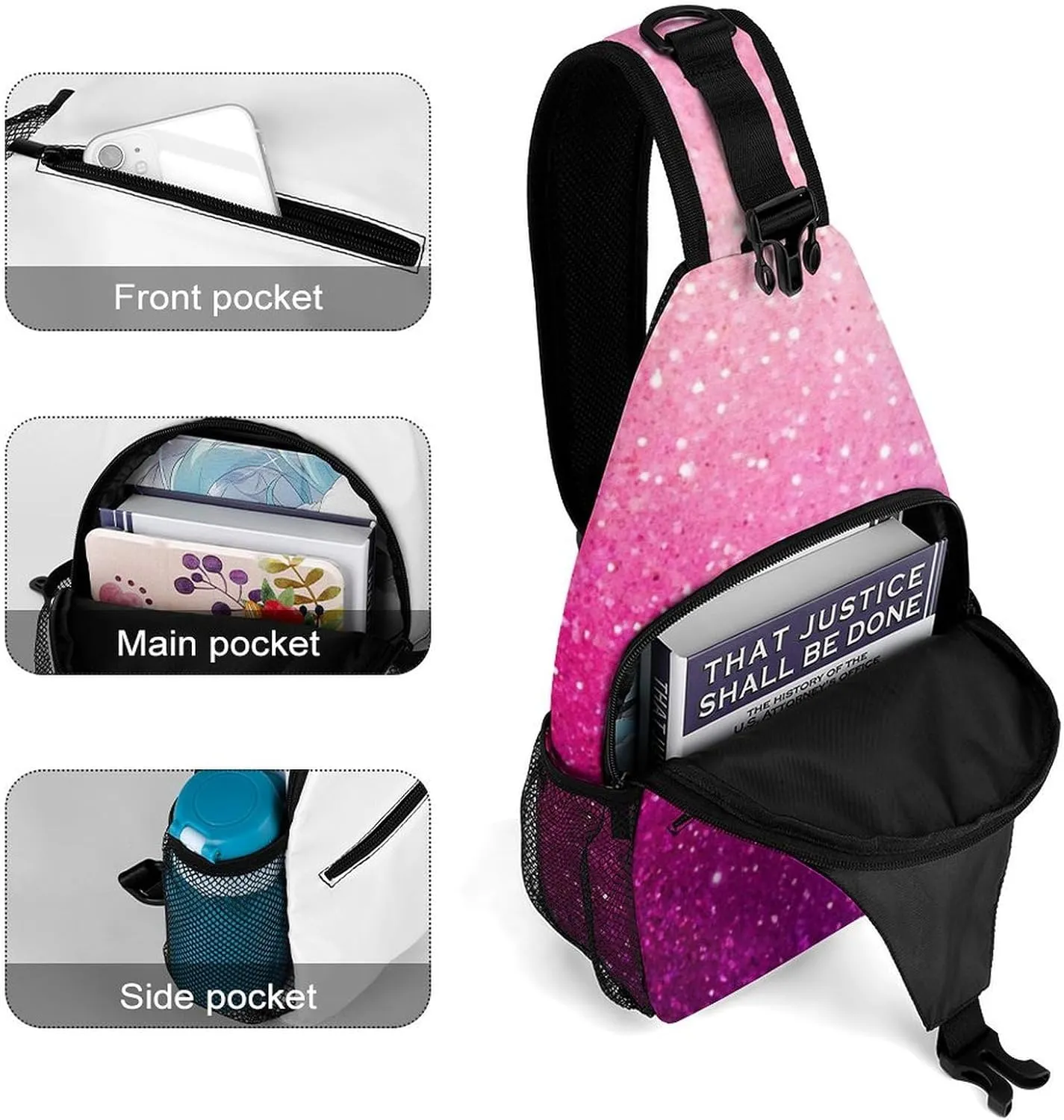 Fashion Sling Bag Crossbody Bags, Pink Glitter Pattern Over Shoulder Backpack Casual Cross Chest Side Pack with Strap, Multi-pockets, Buckles for Hiking, Travel