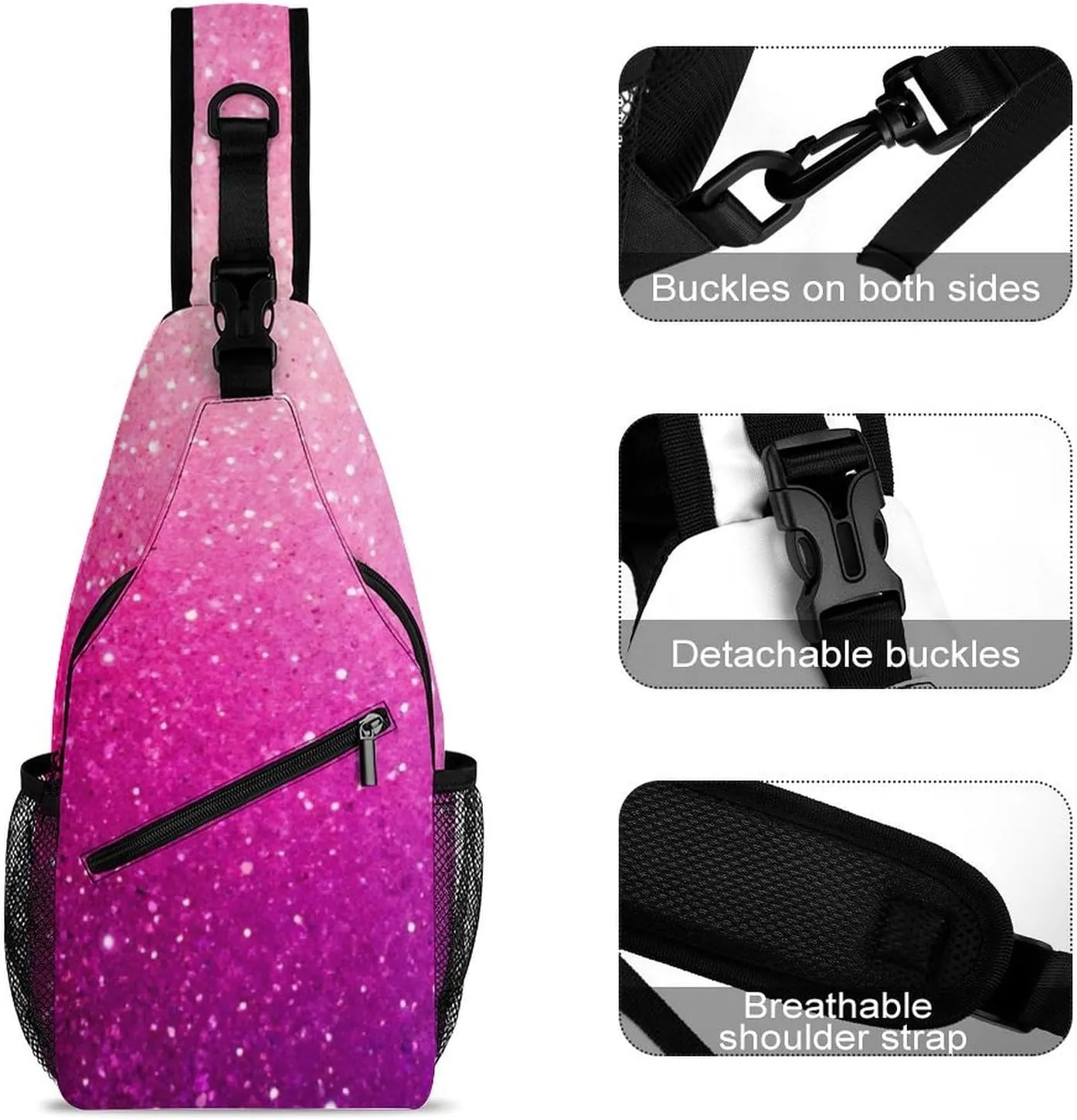 Fashion Sling Bag Crossbody Bags, Pink Glitter Pattern Over Shoulder Backpack Casual Cross Chest Side Pack with Strap, Multi-pockets, Buckles for Hiking, Travel
