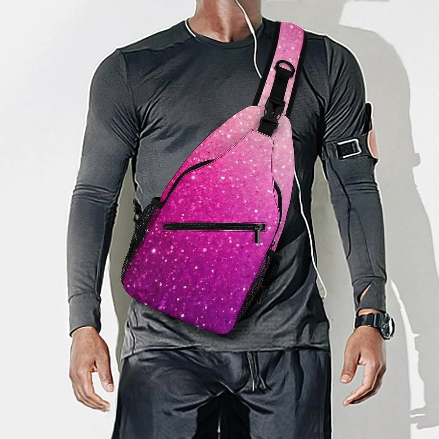 Fashion Sling Bag Crossbody Bags, Pink Glitter Pattern Over Shoulder Backpack Casual Cross Chest Side Pack with Strap, Multi-pockets, Buckles for Hiking, Travel