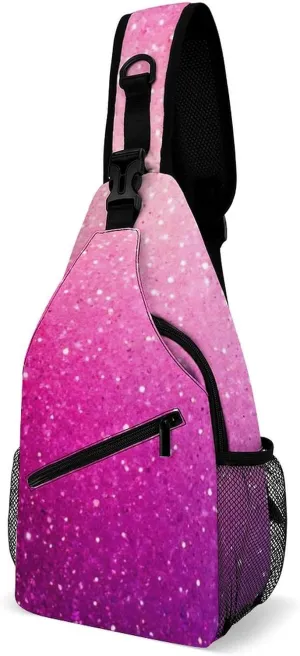 Fashion Sling Bag Crossbody Bags, Pink Glitter Pattern Over Shoulder Backpack Casual Cross Chest Side Pack with Strap, Multi-pockets, Buckles for Hiking, Travel