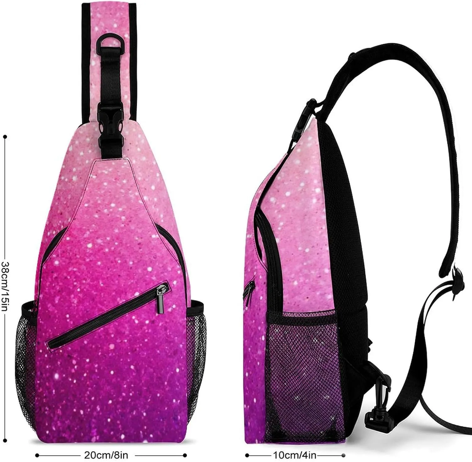 Fashion Sling Bag Crossbody Bags, Pink Glitter Pattern Over Shoulder Backpack Casual Cross Chest Side Pack with Strap, Multi-pockets, Buckles for Hiking, Travel
