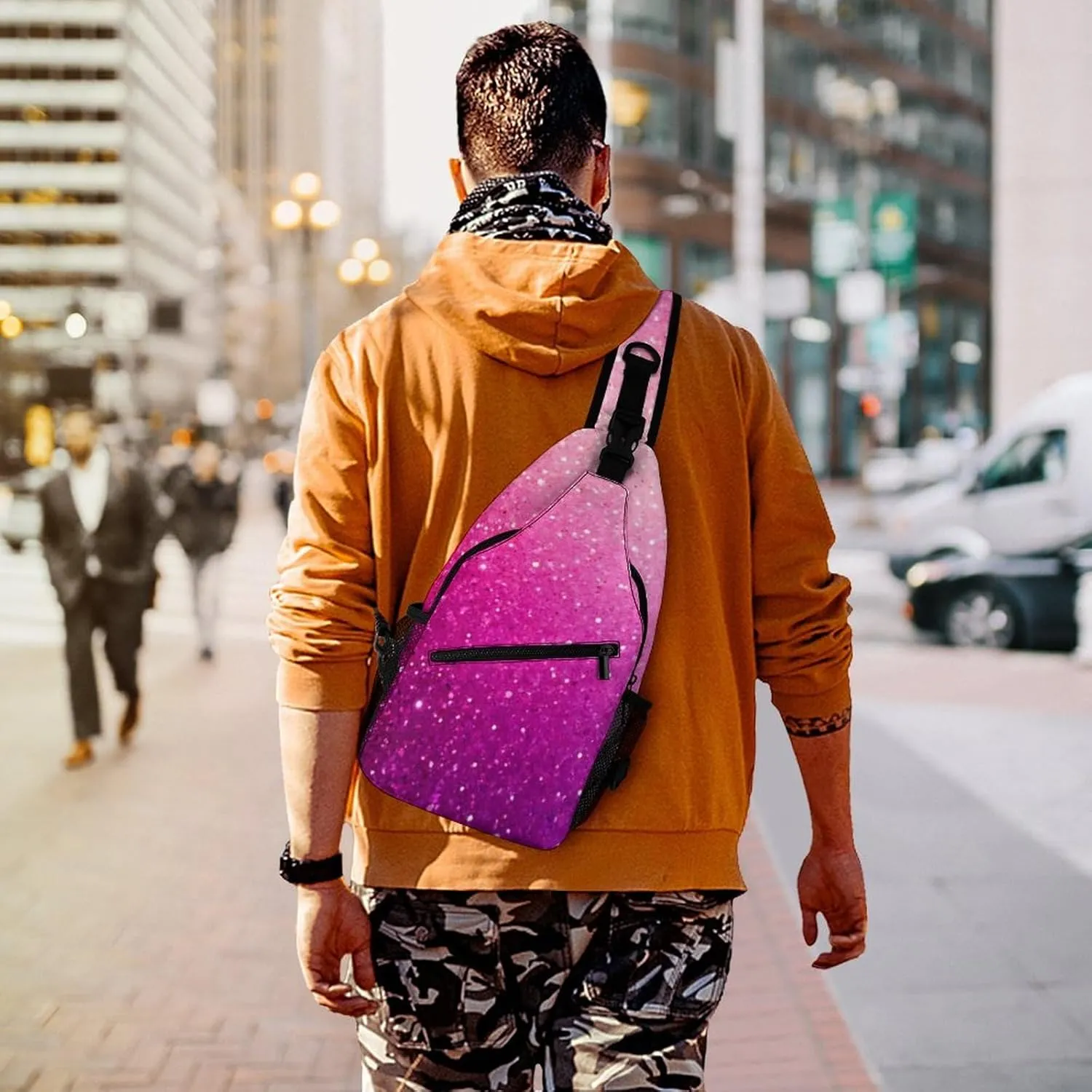 Fashion Sling Bag Crossbody Bags, Pink Glitter Pattern Over Shoulder Backpack Casual Cross Chest Side Pack with Strap, Multi-pockets, Buckles for Hiking, Travel
