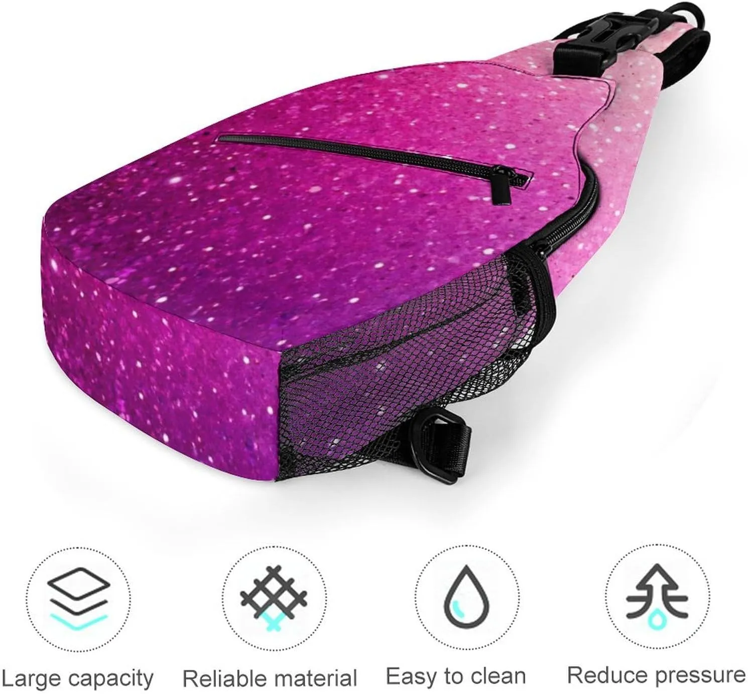 Fashion Sling Bag Crossbody Bags, Pink Glitter Pattern Over Shoulder Backpack Casual Cross Chest Side Pack with Strap, Multi-pockets, Buckles for Hiking, Travel