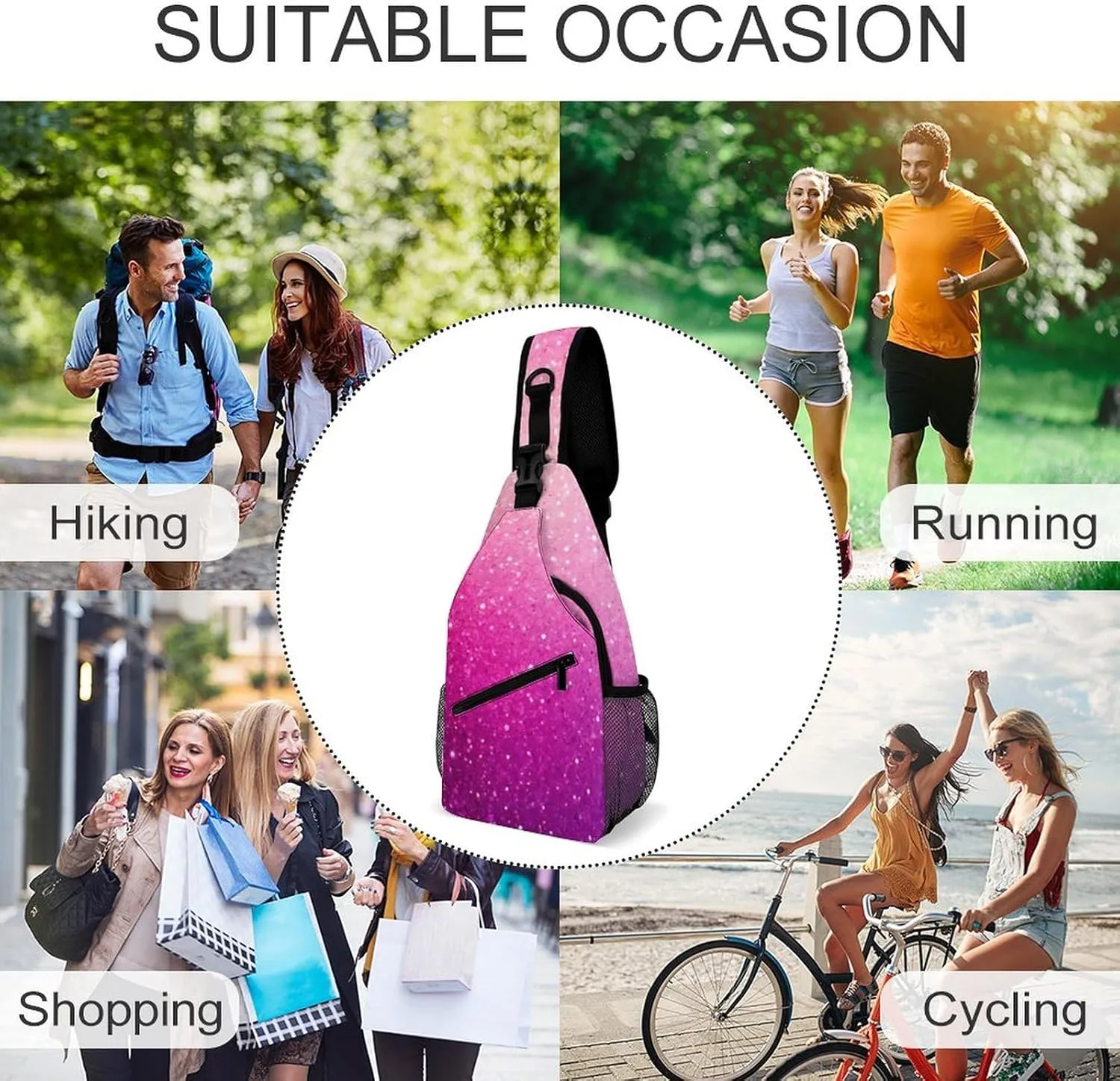 Fashion Sling Bag Crossbody Bags, Pink Glitter Pattern Over Shoulder Backpack Casual Cross Chest Side Pack with Strap, Multi-pockets, Buckles for Hiking, Travel