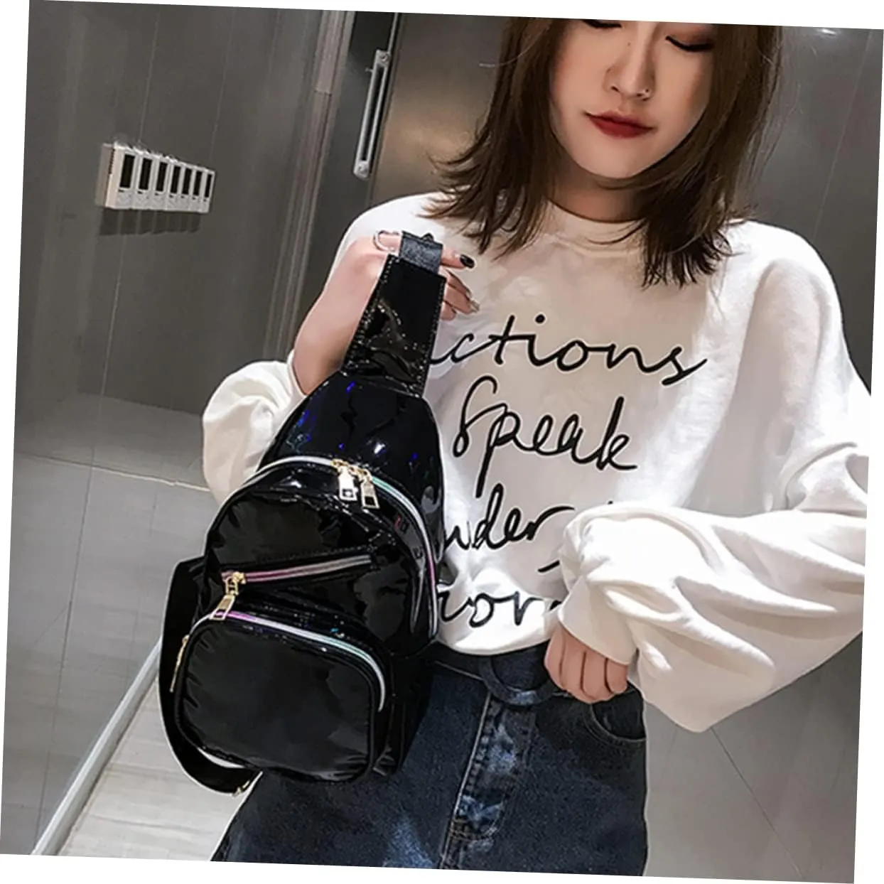 Fashion Waist Bag Mini Fanny Pack Holographic Surface Belt Bag for Travel Sports Hiking