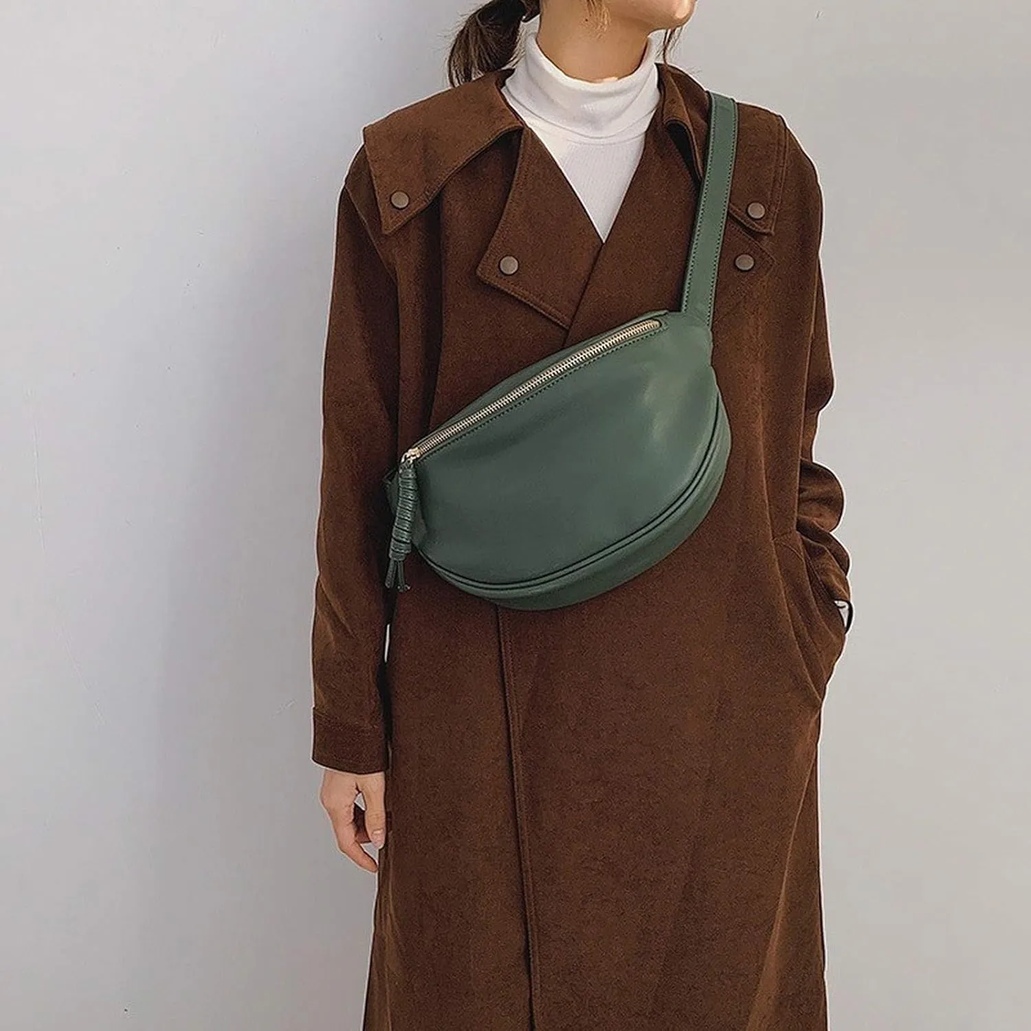 Fashion Women Waist Bag Fanny Pack Large Capacity Crossbody Chest Bags Banana Pack PU Leather Ladies Belt Bag Waist Pack Green