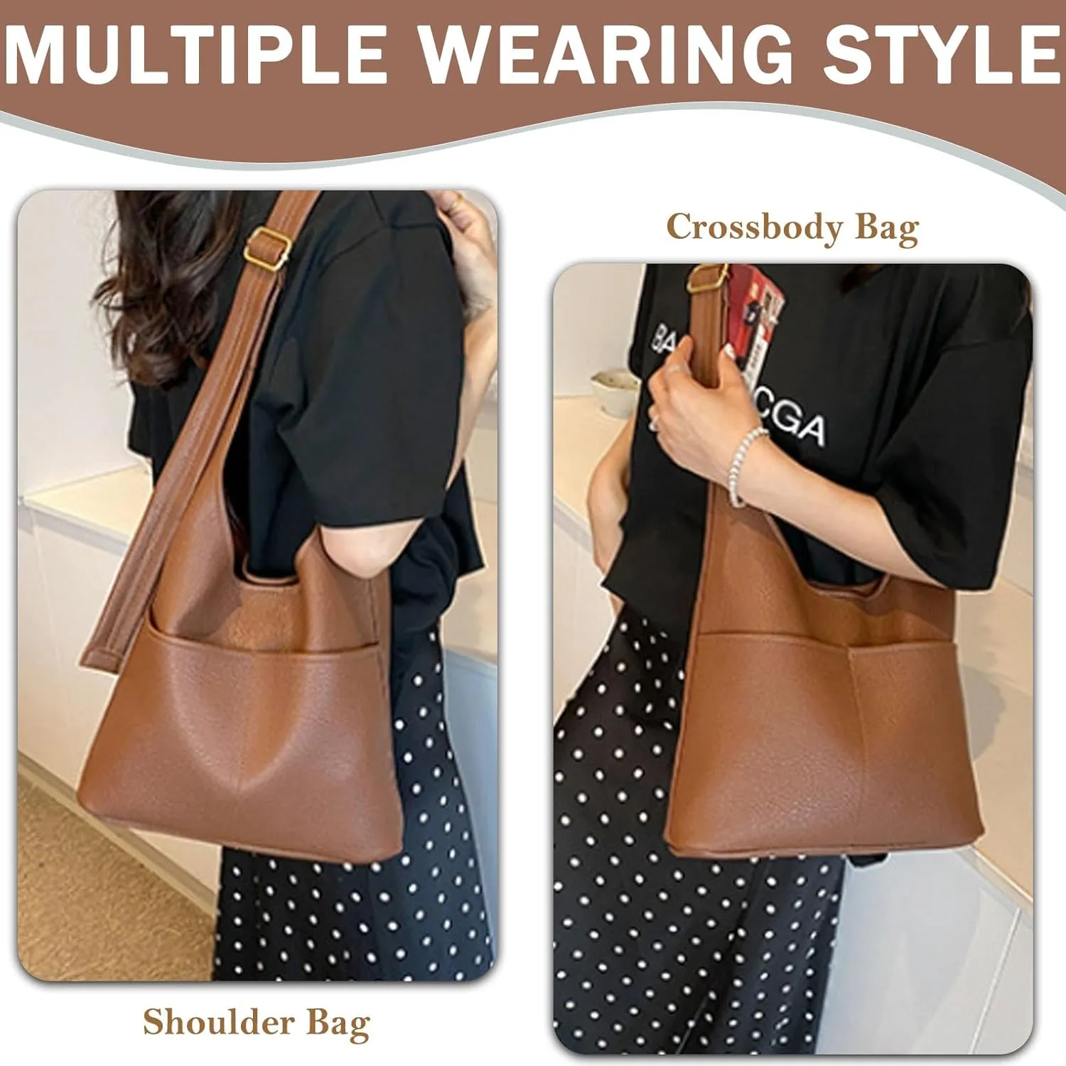 Faux Leather Hobo Bag for Women Large PU Leather Slouchy Bag with Small Purse Soft Crossbody Bags Tote Shoulder Bag