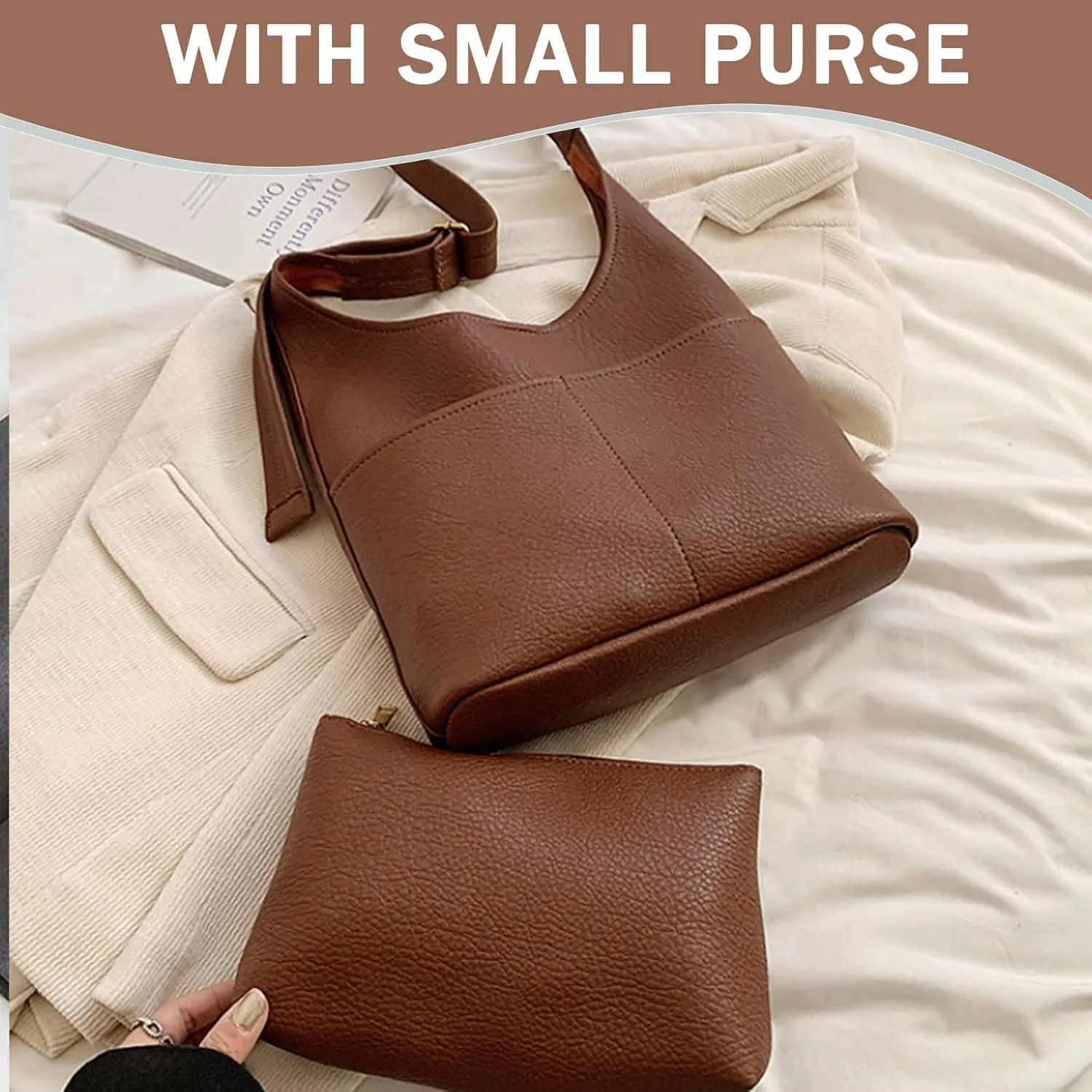 Faux Leather Hobo Bag for Women Large PU Leather Slouchy Bag with Small Purse Soft Crossbody Bags Tote Shoulder Bag