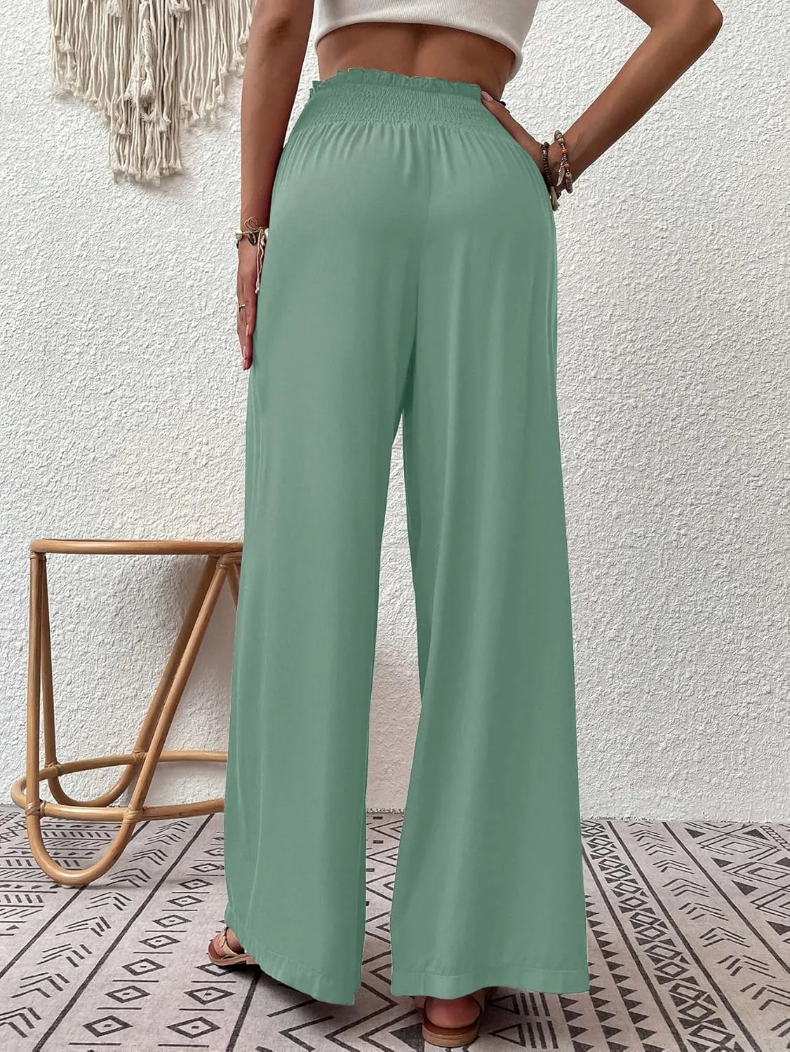 Febriajuce Womens High Waist Wide Leg Pants Smocked Elastic Waist Flowy Palazzo Lounge Pants Loose Trousers with Pockets
