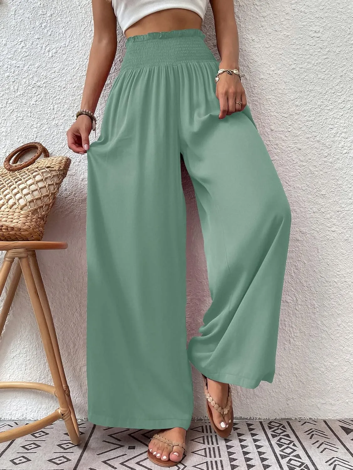 Febriajuce Womens High Waist Wide Leg Pants Smocked Elastic Waist Flowy Palazzo Lounge Pants Loose Trousers with Pockets