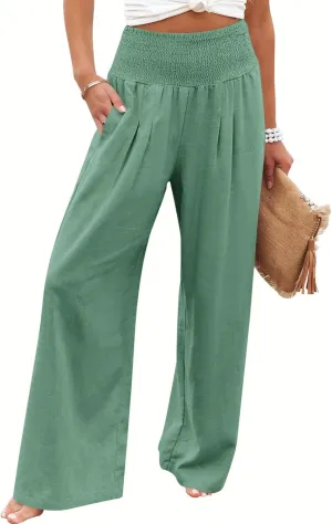 Febriajuce Womens High Waist Wide Leg Pants Smocked Elastic Waist Flowy Palazzo Lounge Pants Loose Trousers with Pockets