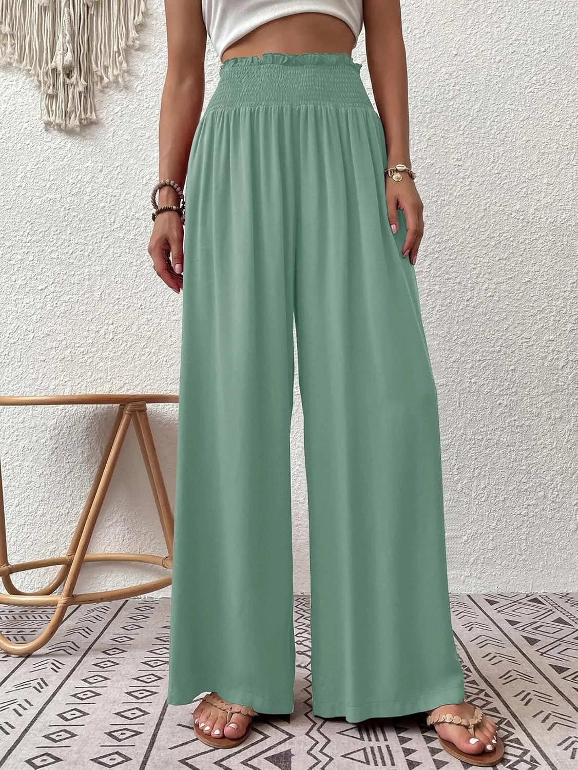 Febriajuce Womens High Waist Wide Leg Pants Smocked Elastic Waist Flowy Palazzo Lounge Pants Loose Trousers with Pockets