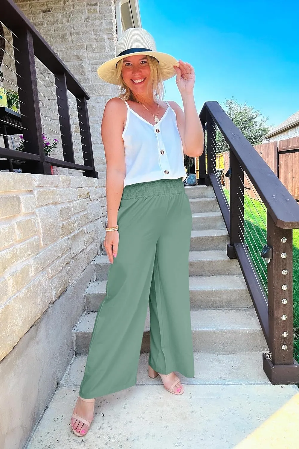 Febriajuce Womens High Waist Wide Leg Pants Smocked Elastic Waist Flowy Palazzo Lounge Pants Loose Trousers with Pockets