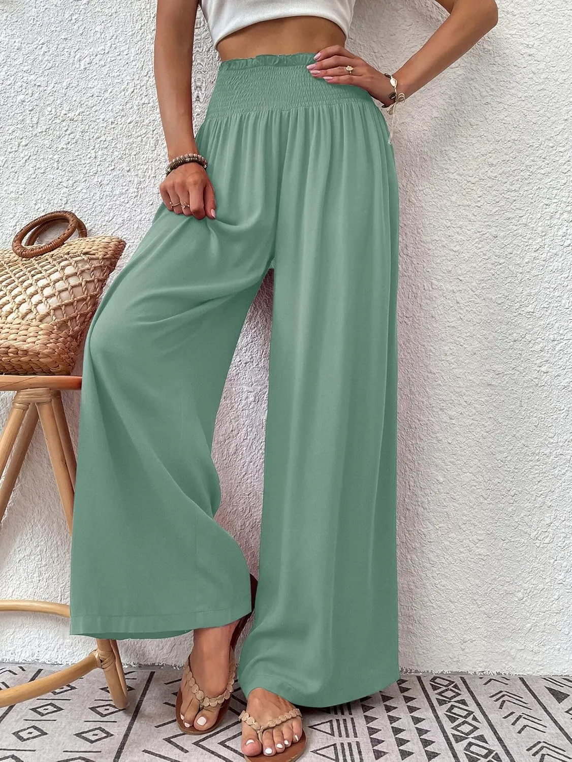 Febriajuce Womens High Waist Wide Leg Pants Smocked Elastic Waist Flowy Palazzo Lounge Pants Loose Trousers with Pockets