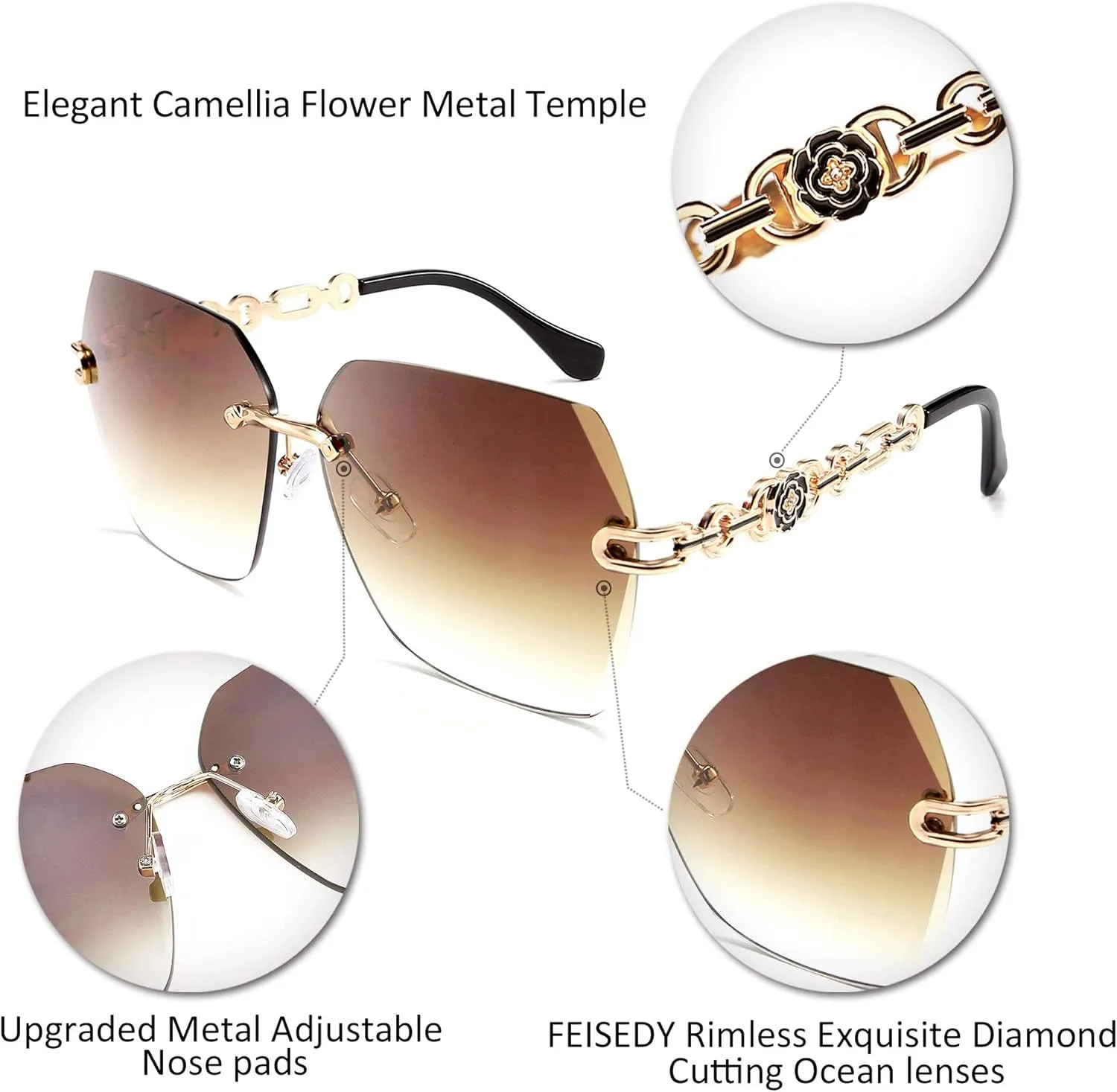 FEISEDY Classic Rimless Sunglasses Women Metal Frame Diamond Cutting Lens Sun Glasses B2567