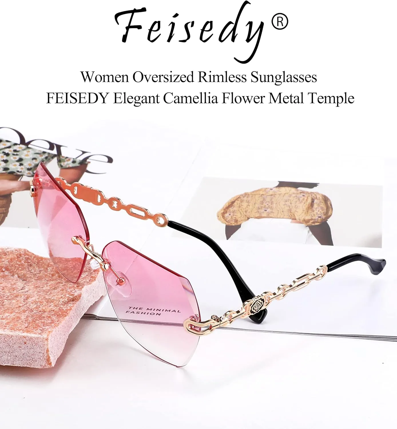 FEISEDY Classic Rimless Sunglasses Women Metal Frame Diamond Cutting Lens Sun Glasses B2567