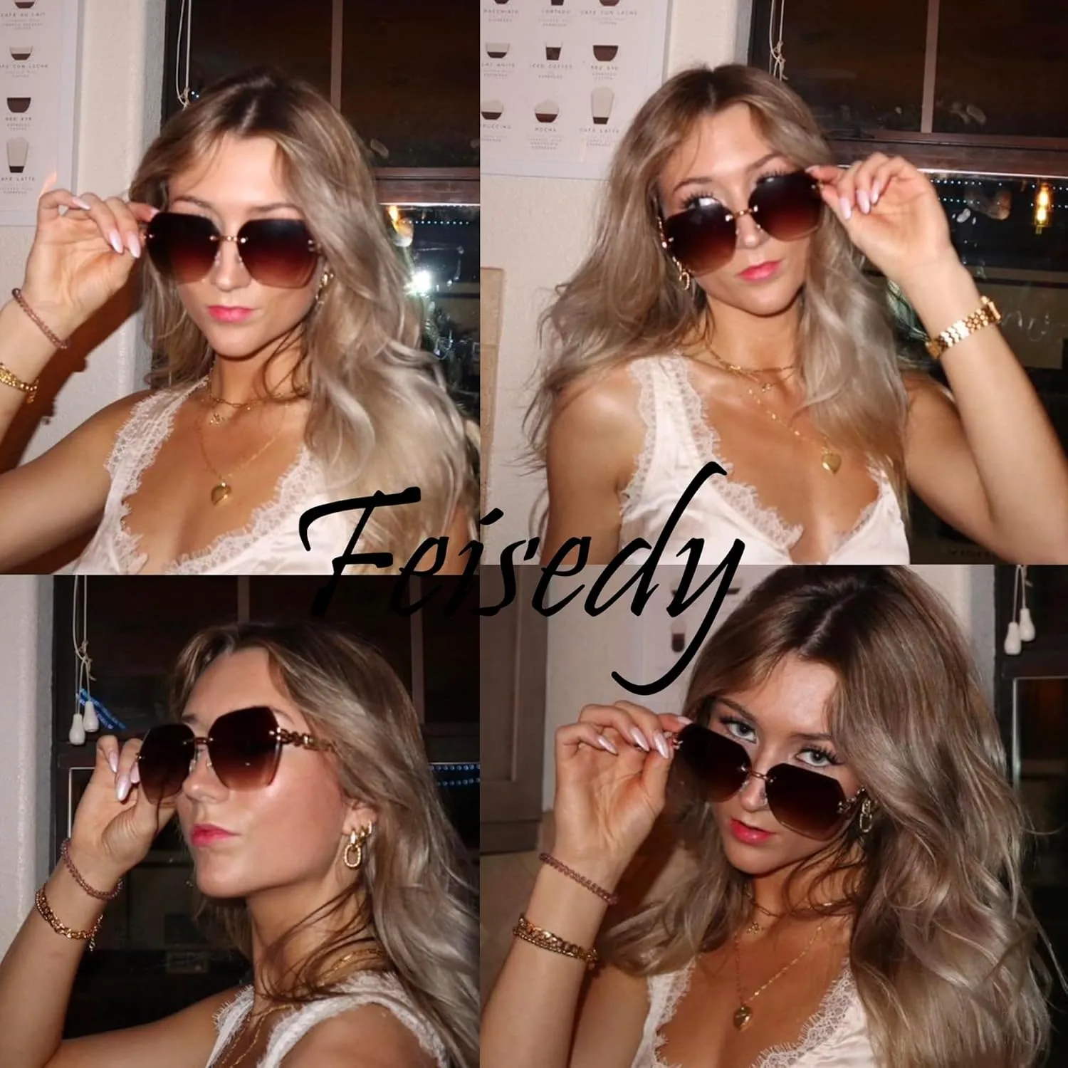 FEISEDY Classic Rimless Sunglasses Women Metal Frame Diamond Cutting Lens Sun Glasses B2567
