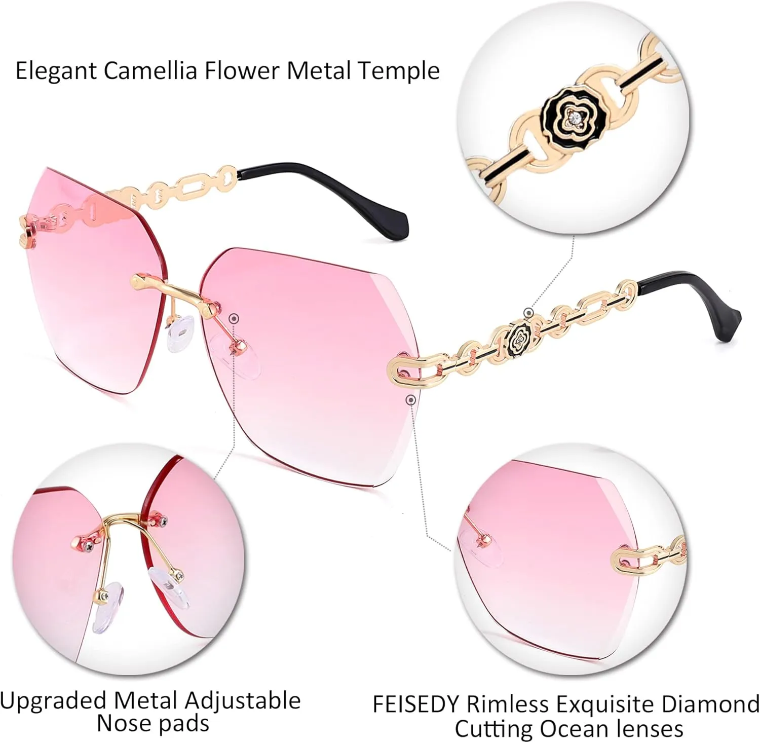 FEISEDY Classic Rimless Sunglasses Women Metal Frame Diamond Cutting Lens Sun Glasses B2567