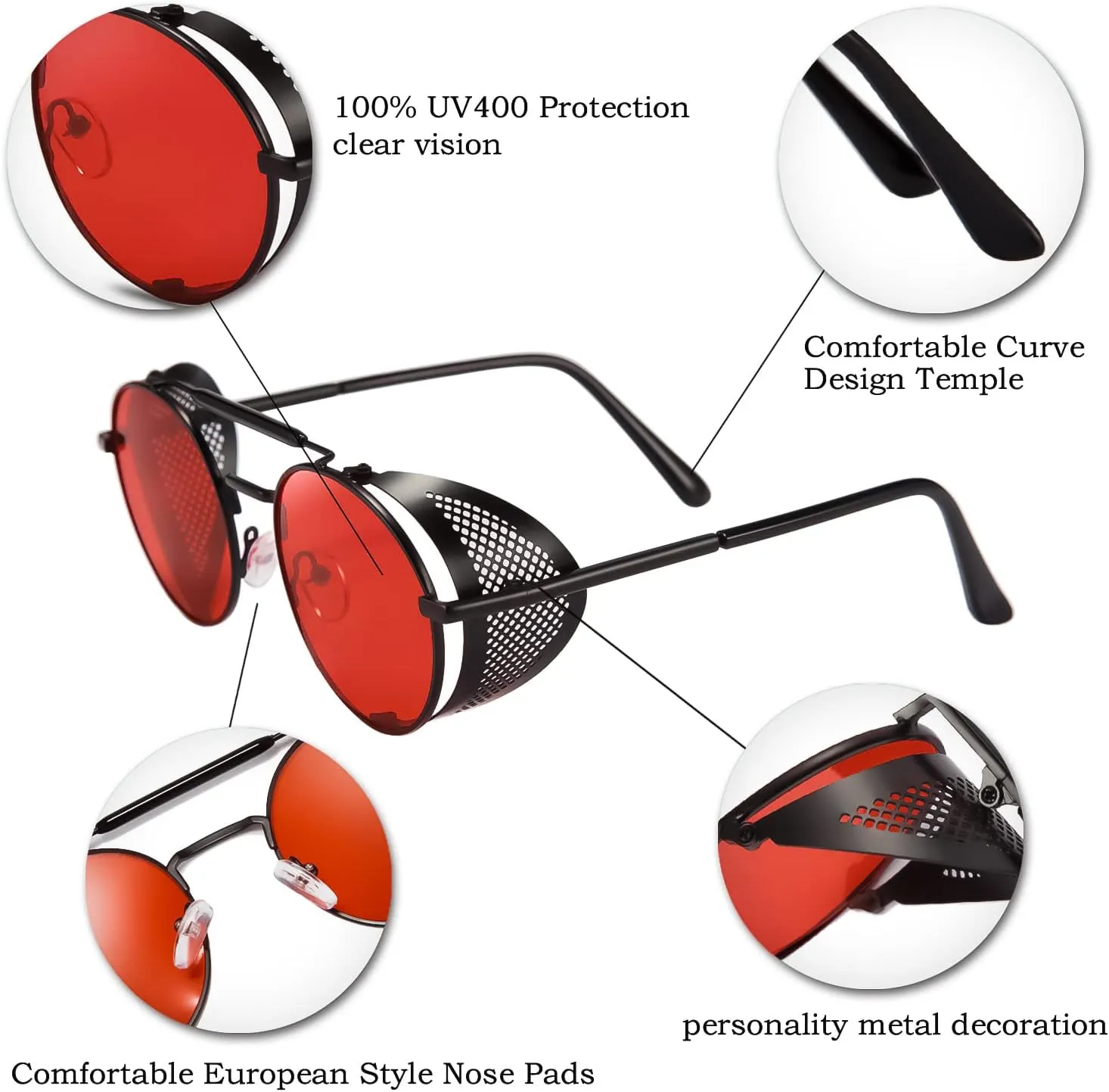 FEISEDY Steam Punk Sunglasses for Men Women Side Shield Round Steampunk Vintage Glasses Shades B2518