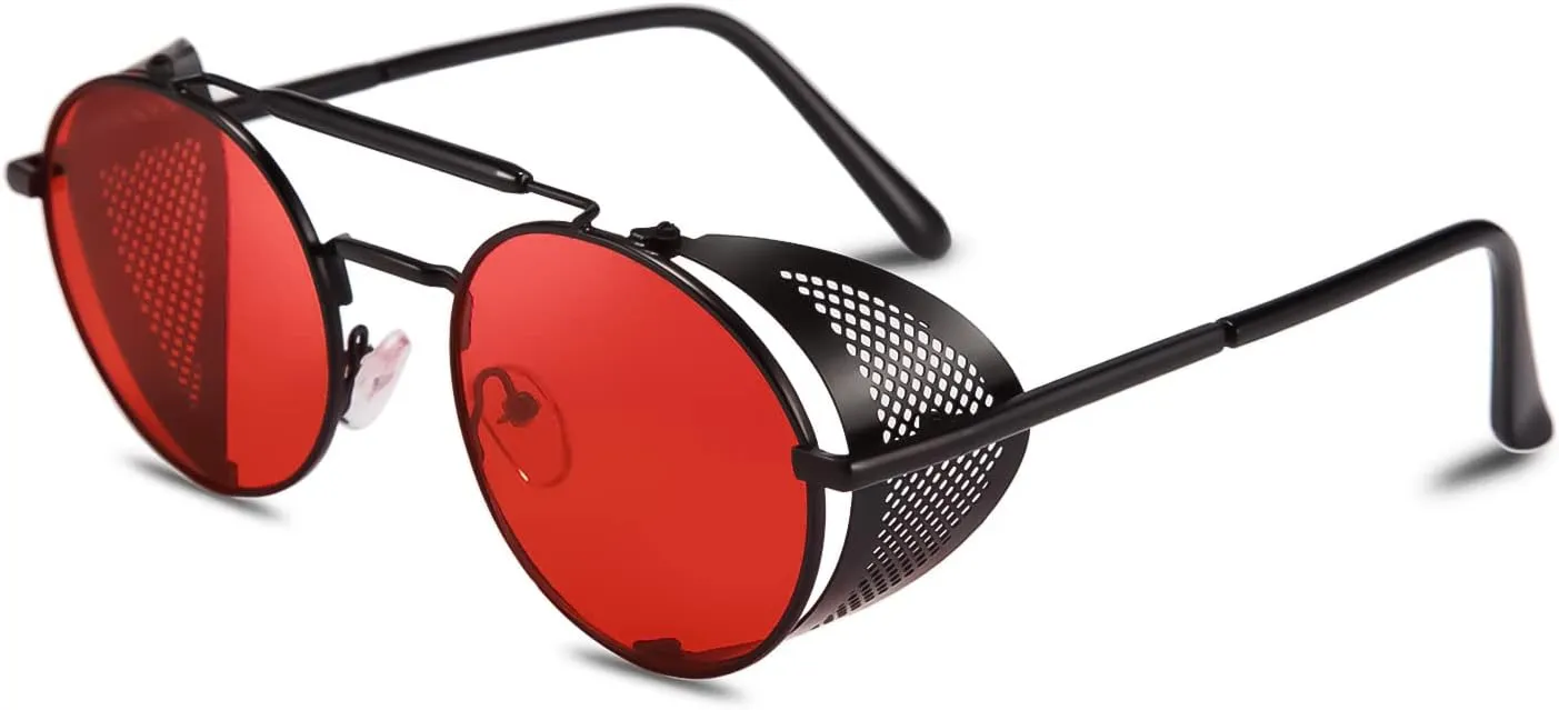 FEISEDY Steam Punk Sunglasses for Men Women Side Shield Round Steampunk Vintage Glasses Shades B2518