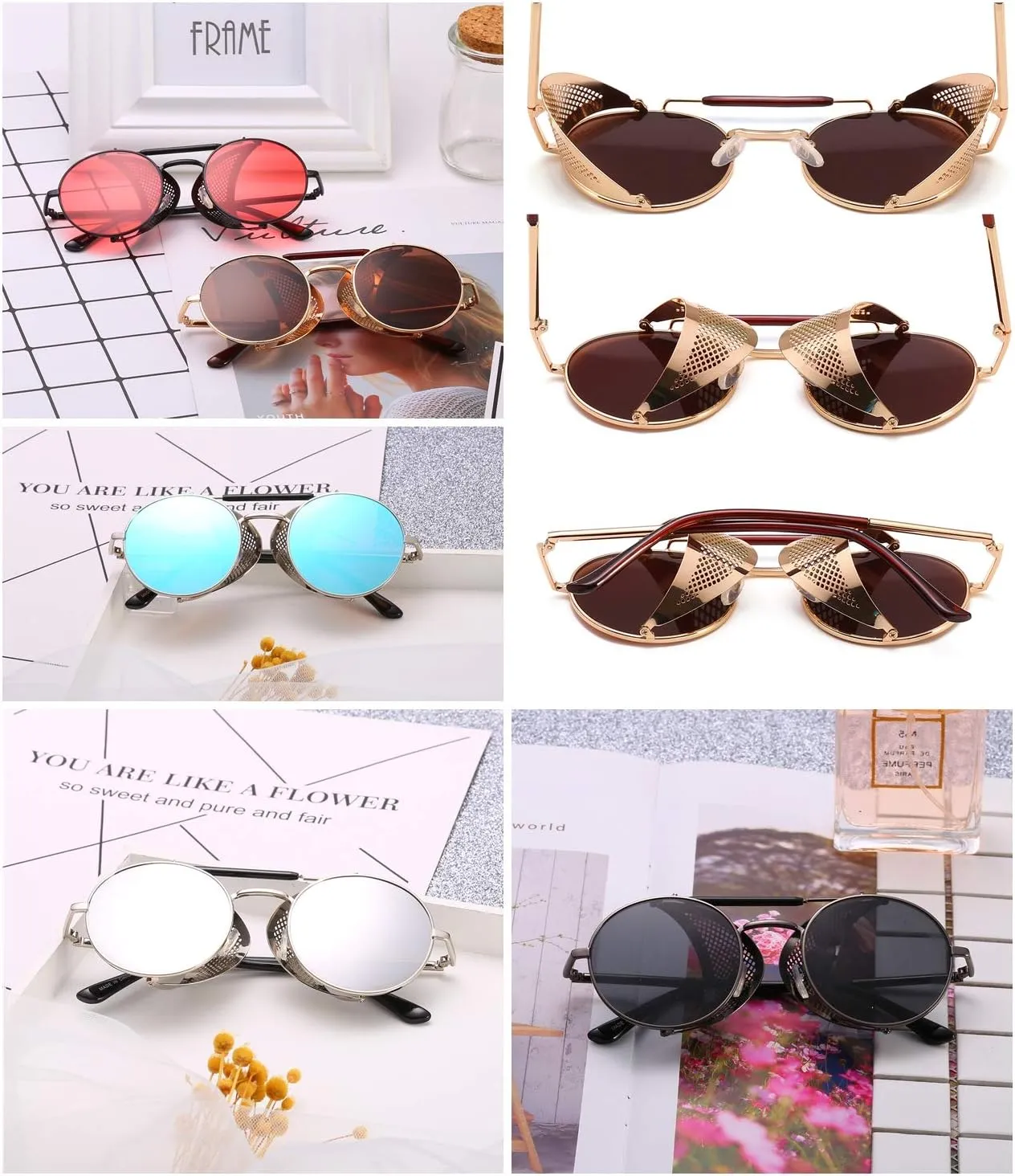FEISEDY Steam Punk Sunglasses for Men Women Side Shield Round Steampunk Vintage Glasses Shades B2518