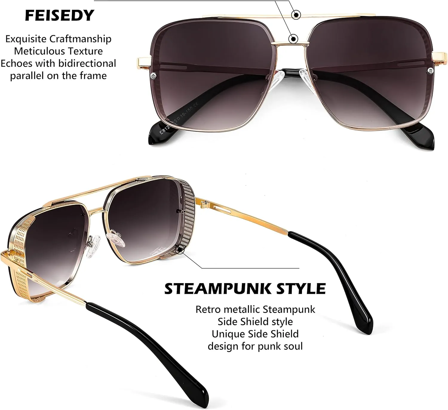 FEISEDY Sunglasses Mens Women Vintage Pilot Square Trendy Metal Steampunk Fishing Driving Sun Glasses B2894
