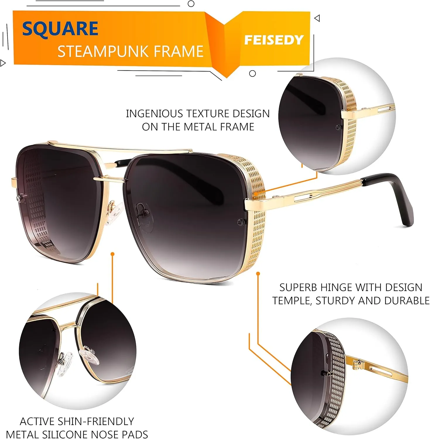 FEISEDY Sunglasses Mens Women Vintage Pilot Square Trendy Metal Steampunk Fishing Driving Sun Glasses B2894