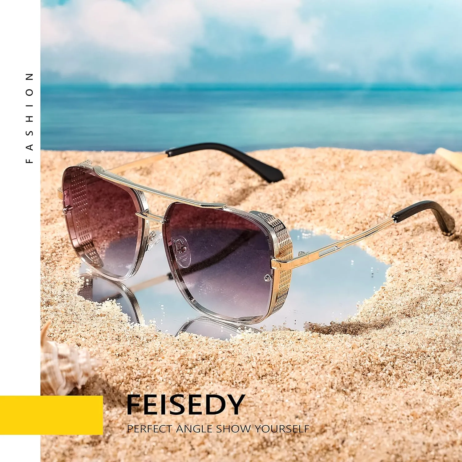 FEISEDY Sunglasses Mens Women Vintage Pilot Square Trendy Metal Steampunk Fishing Driving Sun Glasses B2894