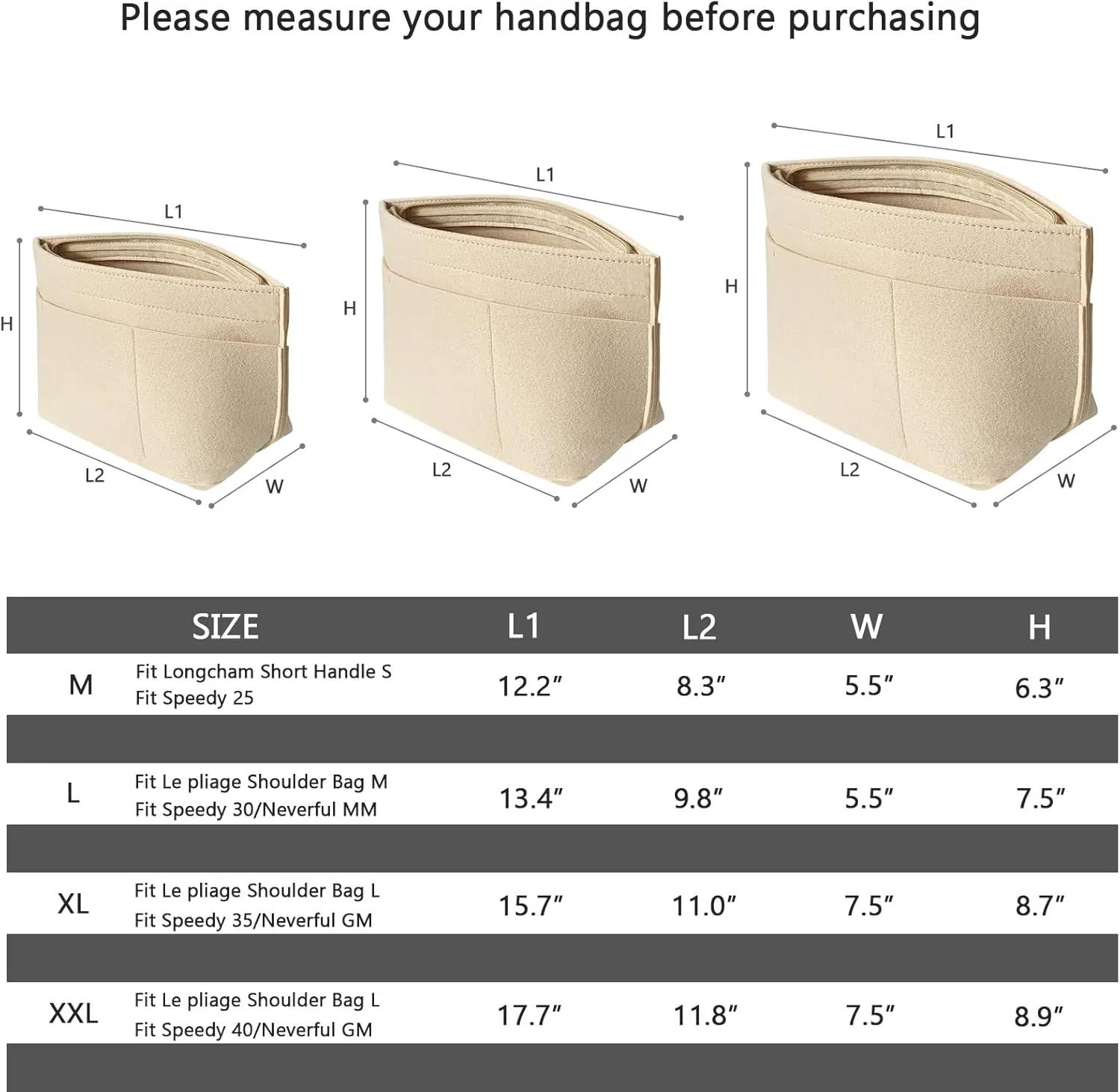 Felt Purse Organizer Insert Bag Organizer for Handbag, Tote Organizer for Women Purse Tote Purse Organizer Inside Bag Liner, Beige L