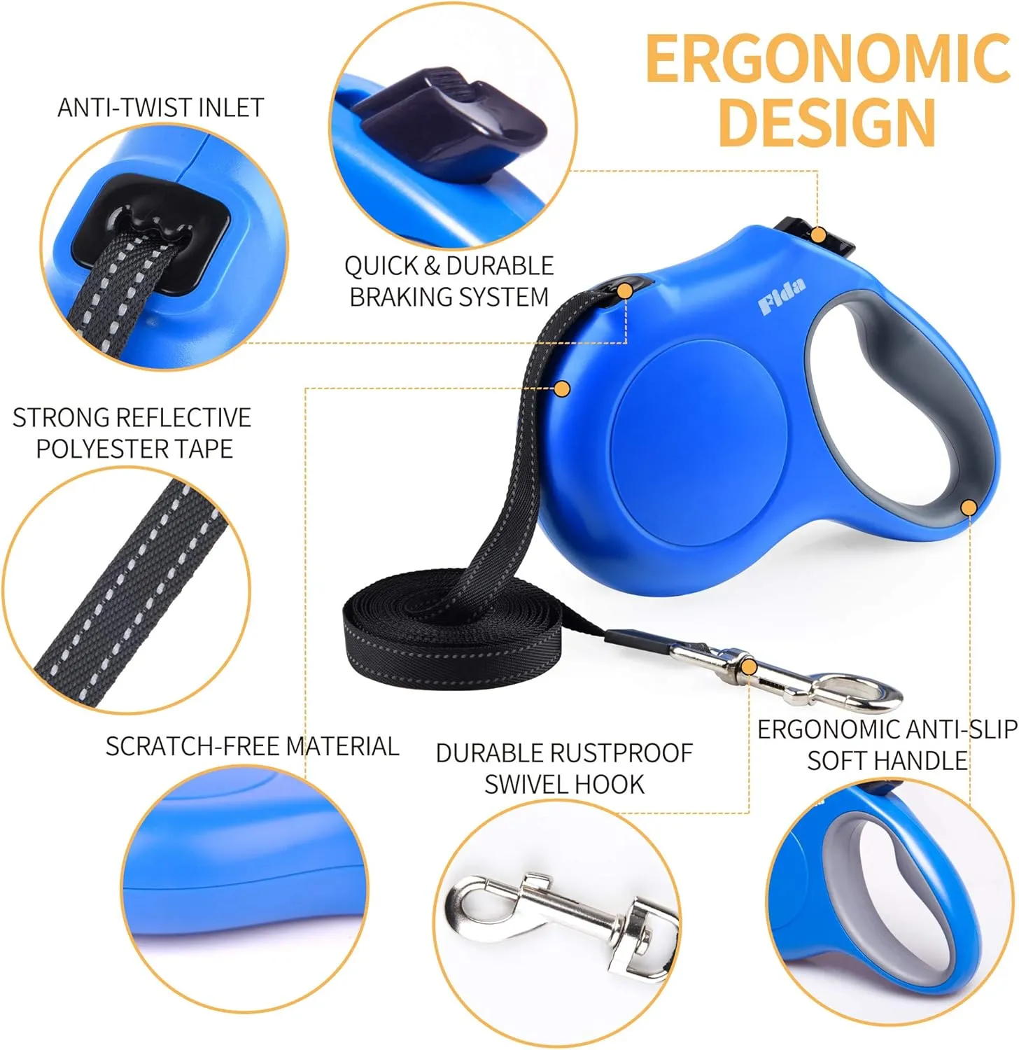 Fida Retractable Dog Leash with Dispenser and Poop Bags, 10 ft Pet Walking Leash for X-Small Dog or Cat up to 18 lbs, Anti-Slip Handle, Tangle Free, Reflective Nylon Tape (XS, Blue)