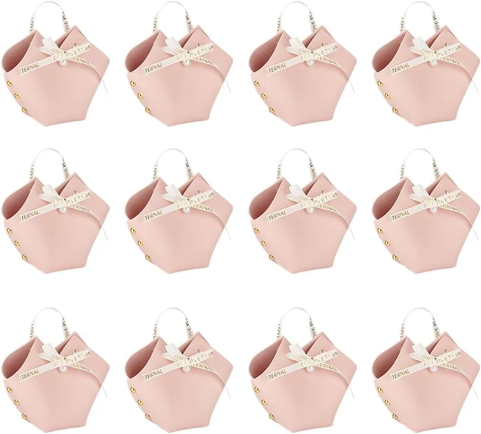 FINGERINSPIRE 12 Pack Leather Bowknot Gift Boxes with Ribbon 2.7x2.1x5.1 inch Pink Heart Shape PU Leather Mini Handbag Candy Gift Box Reusable Party Favor Boxes for Wedding Birthday Valentines's Day