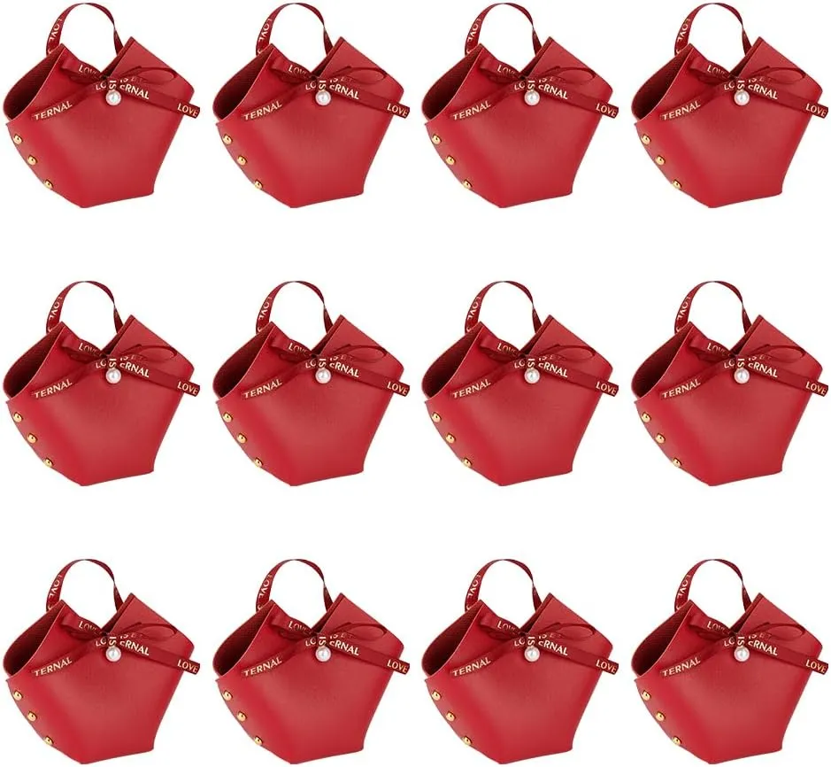 FINGERINSPIRE 12 Pack Leather Bowknot Gift Boxes with Ribbon 2.7x2.1x5.1 inch Red Heart Shape PU Leather Mini Handbag Candy Gift Box Reusable Party Favor Boxes for Wedding Birthday Valentines's Day