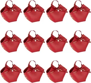 FINGERINSPIRE 12 Pack Leather Bowknot Gift Boxes with Ribbon 2.7x2.1x5.1 inch Red Heart Shape PU Leather Mini Handbag Candy Gift Box Reusable Party Favor Boxes for Wedding Birthday Valentines's Day