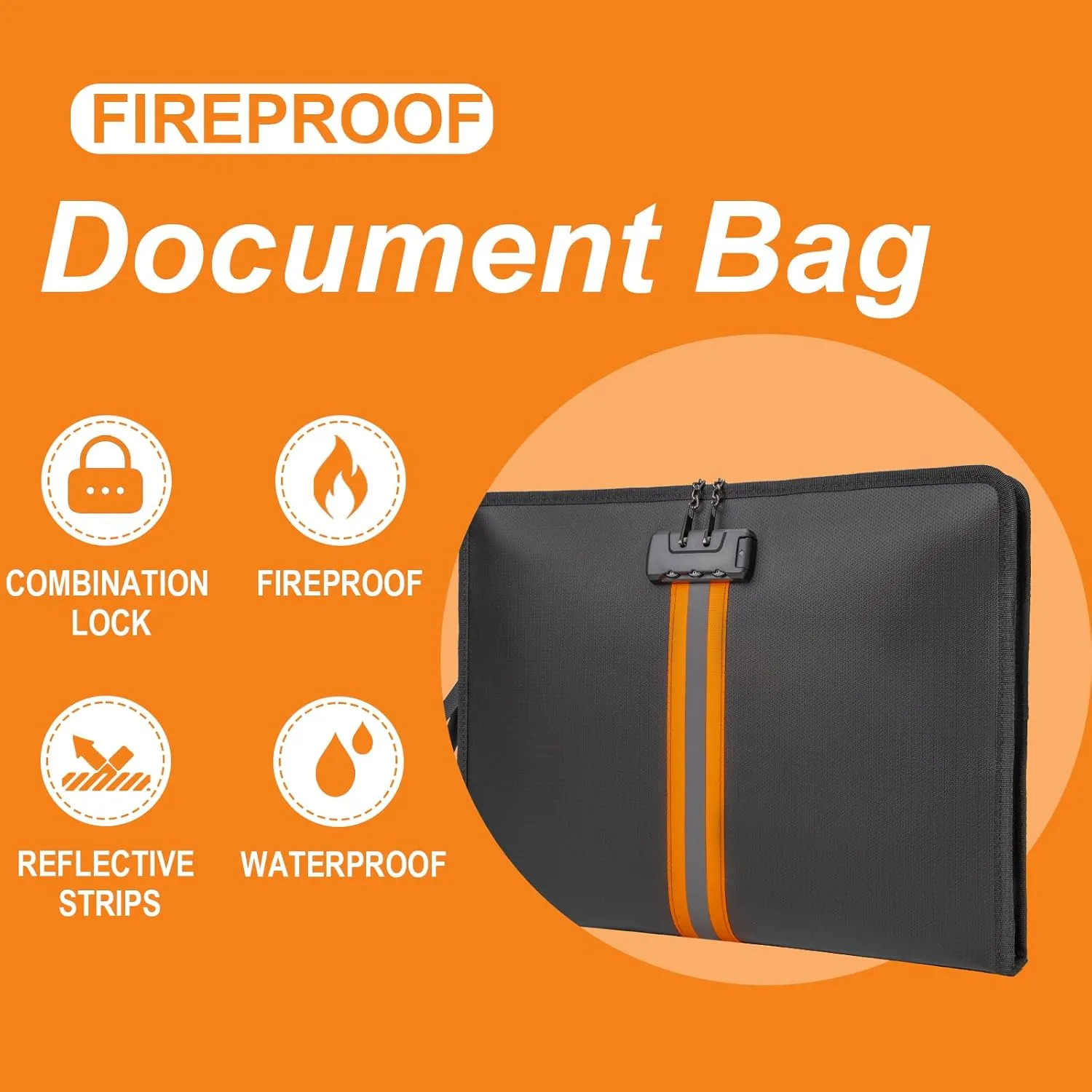Fireproof Document Bag with Lock，15"×11" Fireproof Money Bag，with Zipper and Lock，Suitable for Tablets, A4 Documents, Cash, Mobile Phones,