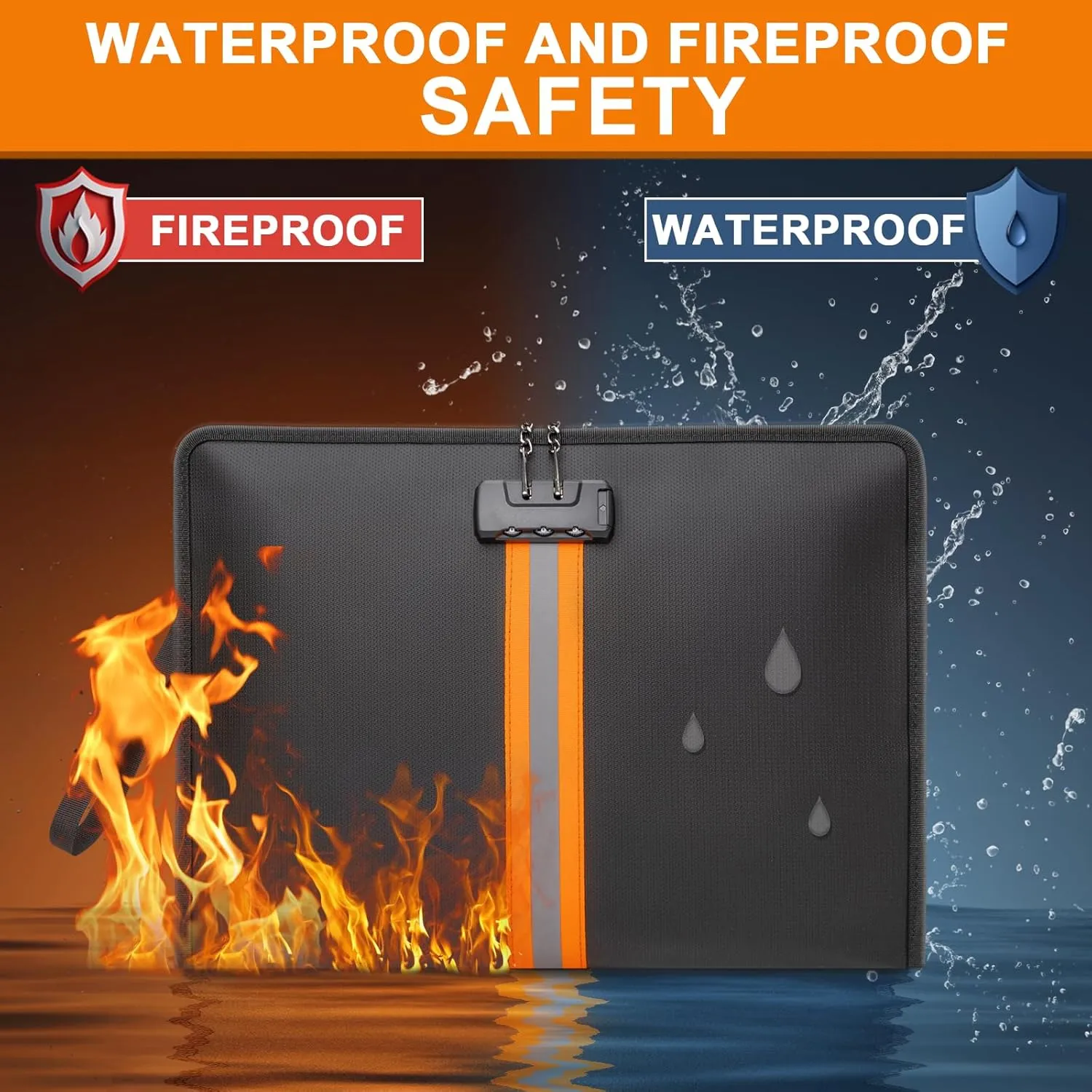 Fireproof Document Bag with Lock，15"×11" Fireproof Money Bag，with Zipper and Lock，Suitable for Tablets, A4 Documents, Cash, Mobile Phones,