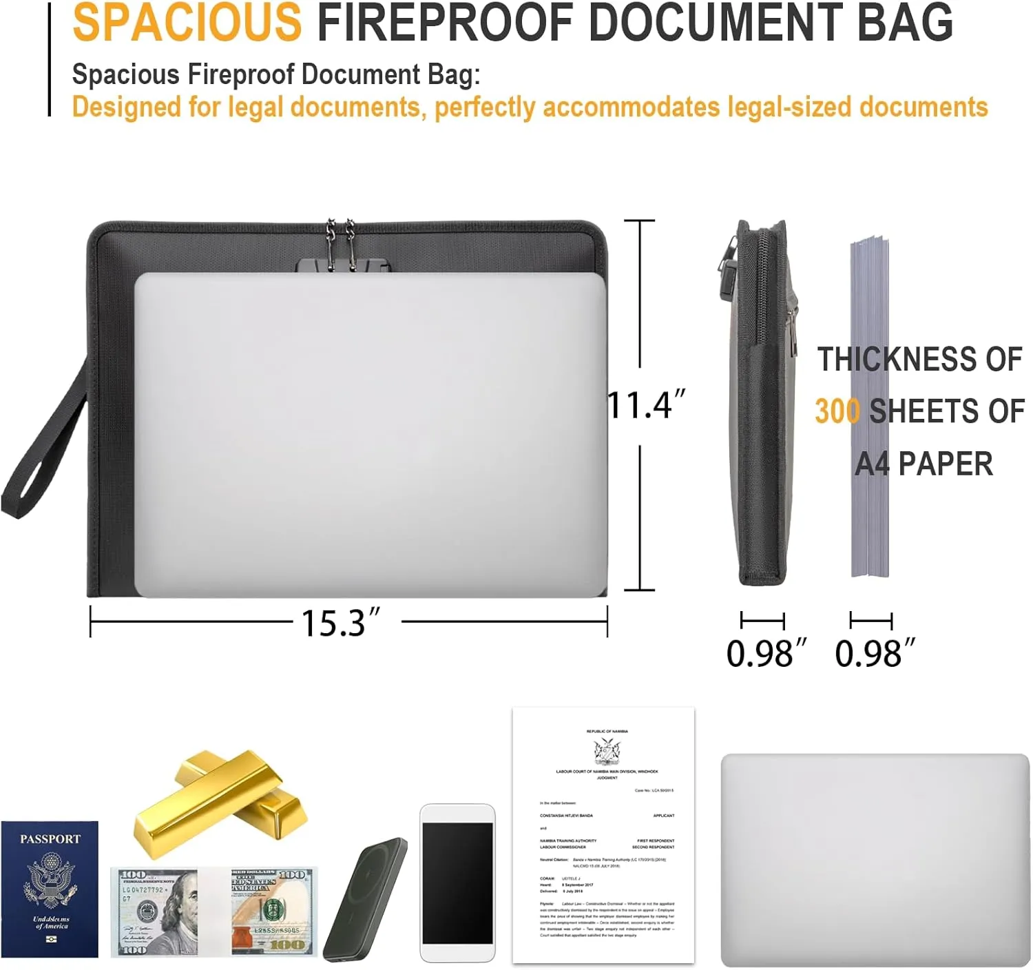 Fireproof Document Bag with Lock，15"×11" Fireproof Money Bag，with Zipper and Lock，Suitable for Tablets, A4 Documents, Cash, Mobile Phones,