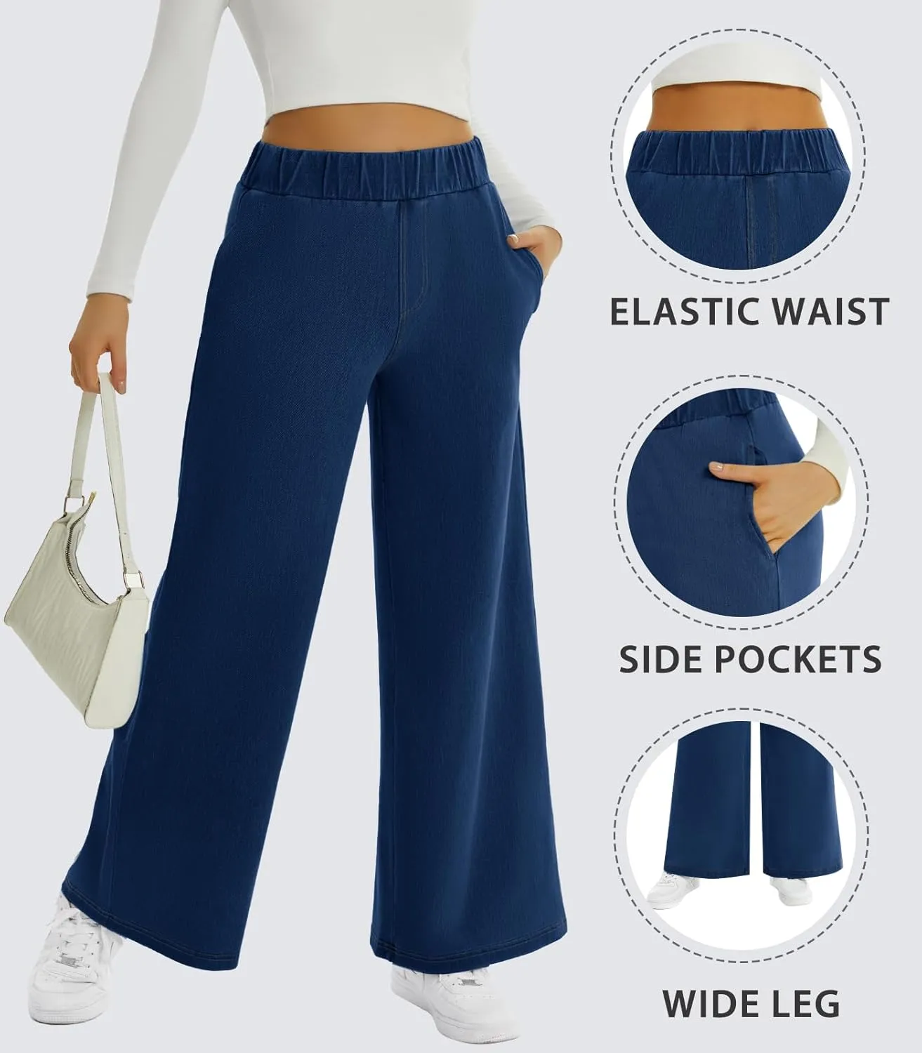 FireSwan Women's Wide Leg Jeans Stretchy Mid Rise Elastic Waist Jeans Baggy Loose Denim Pants with Pockets Trendy Casual