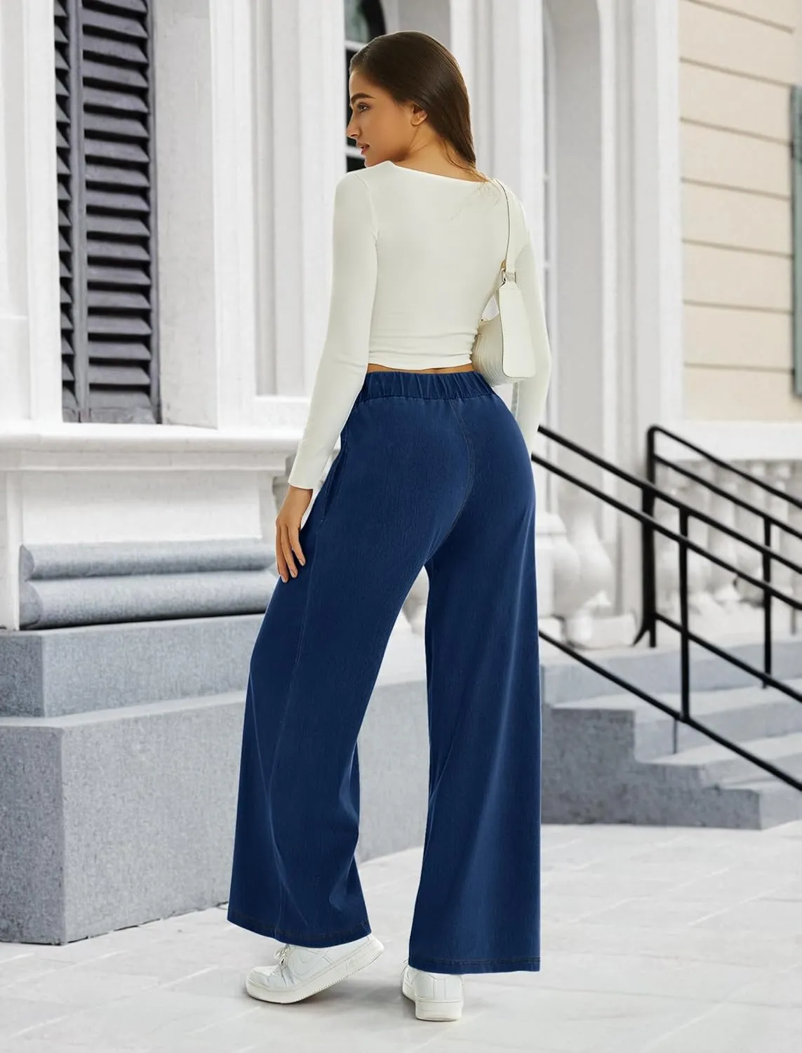 FireSwan Women's Wide Leg Jeans Stretchy Mid Rise Elastic Waist Jeans Baggy Loose Denim Pants with Pockets Trendy Casual
