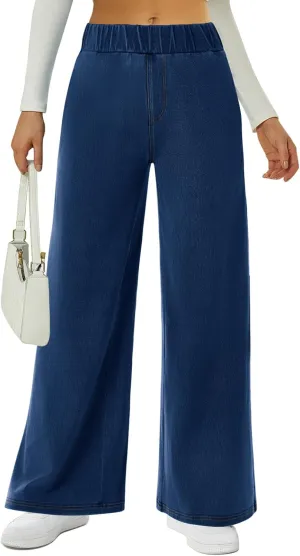 FireSwan Women's Wide Leg Jeans Stretchy Mid Rise Elastic Waist Jeans Baggy Loose Denim Pants with Pockets Trendy Casual