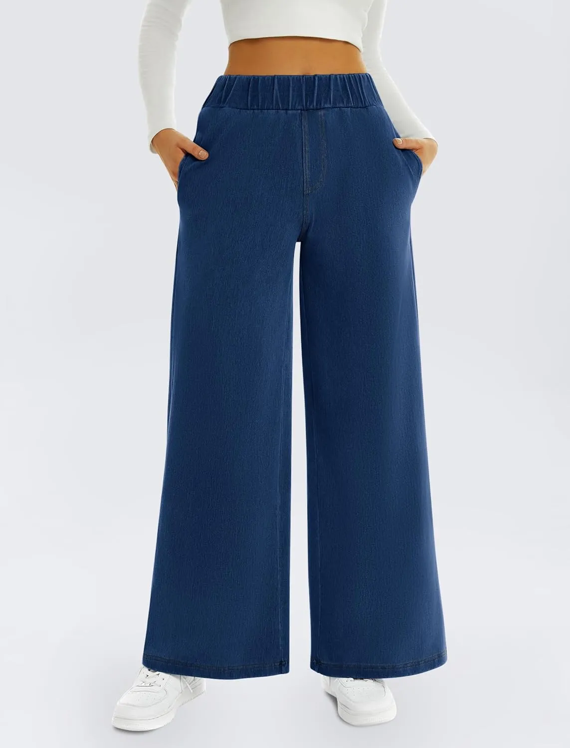 FireSwan Women's Wide Leg Jeans Stretchy Mid Rise Elastic Waist Jeans Baggy Loose Denim Pants with Pockets Trendy Casual